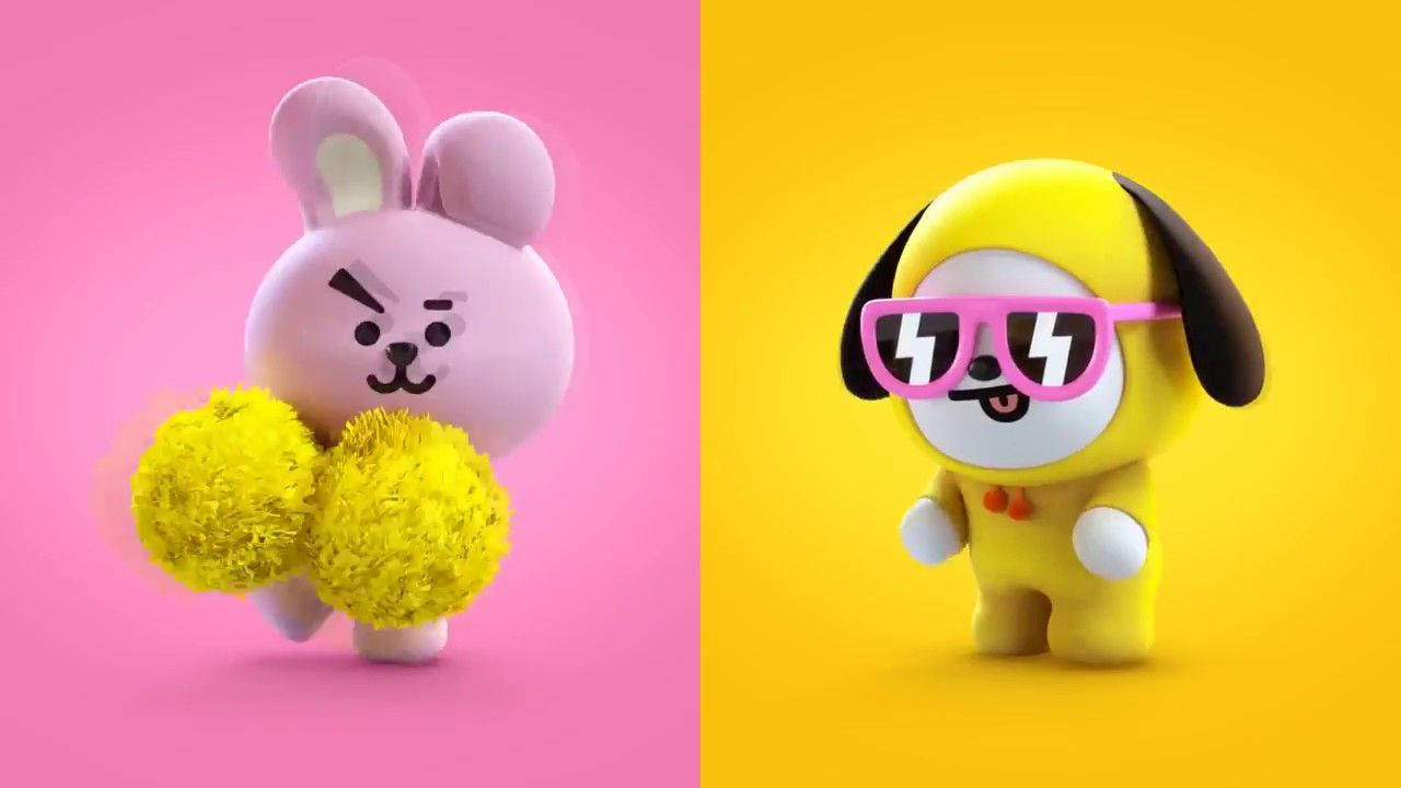 Chimmy 桌布 壁紙 — 一隻粉紅色兔子拿著黃色絨球，站在一隻戴著粉紅色太陽眼鏡的黃色狗旁邊，背景是粉紅色和黃色分開的。