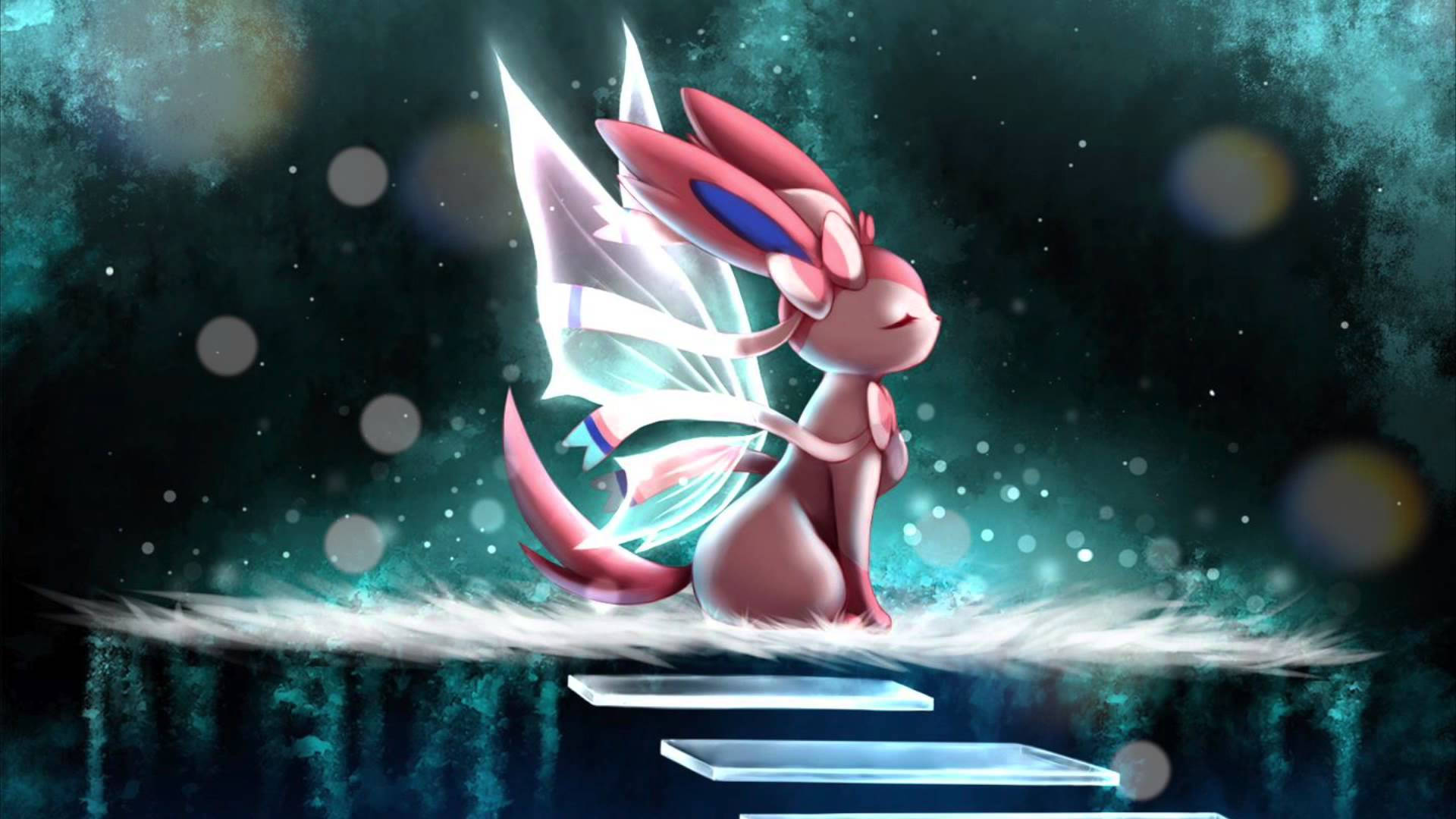 Sylveon 桌布 壁紙 — 一隻粉紅色動漫風格的寶可夢，帶有發光翅膀，寧靜地坐在雲上，背景是滿天星斗的藍綠色夜空。
