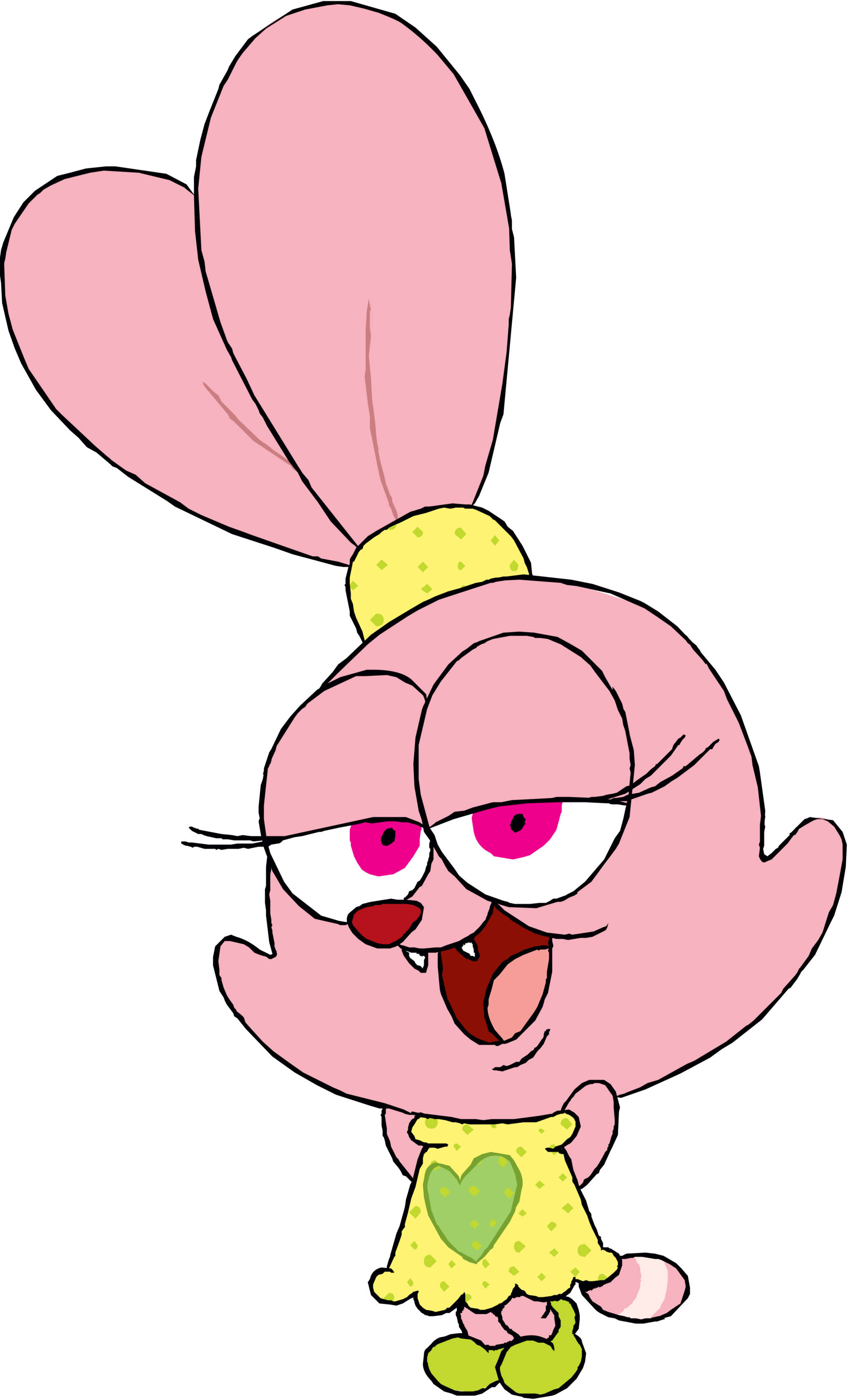 Chowder Cartoon 桌布 壁紙 — 一隻粉紅色卡通兔子，有心形耳朵和黃色連衣裙，露出尖牙狡猾地微笑。