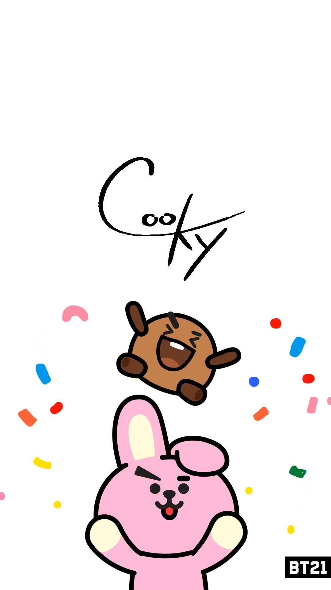 shooky bt21 桌布 壁紙 — 一隻粉紅色卡通兔子和棕色狗角色在白色背景上以彩色紙屑慶祝。