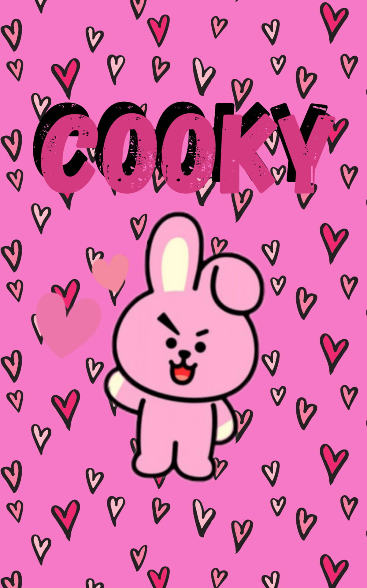 粉紅色卡通兔子憤怒的臉被心形和cooky字樣包圍。 — BT21 GIF 壁紙