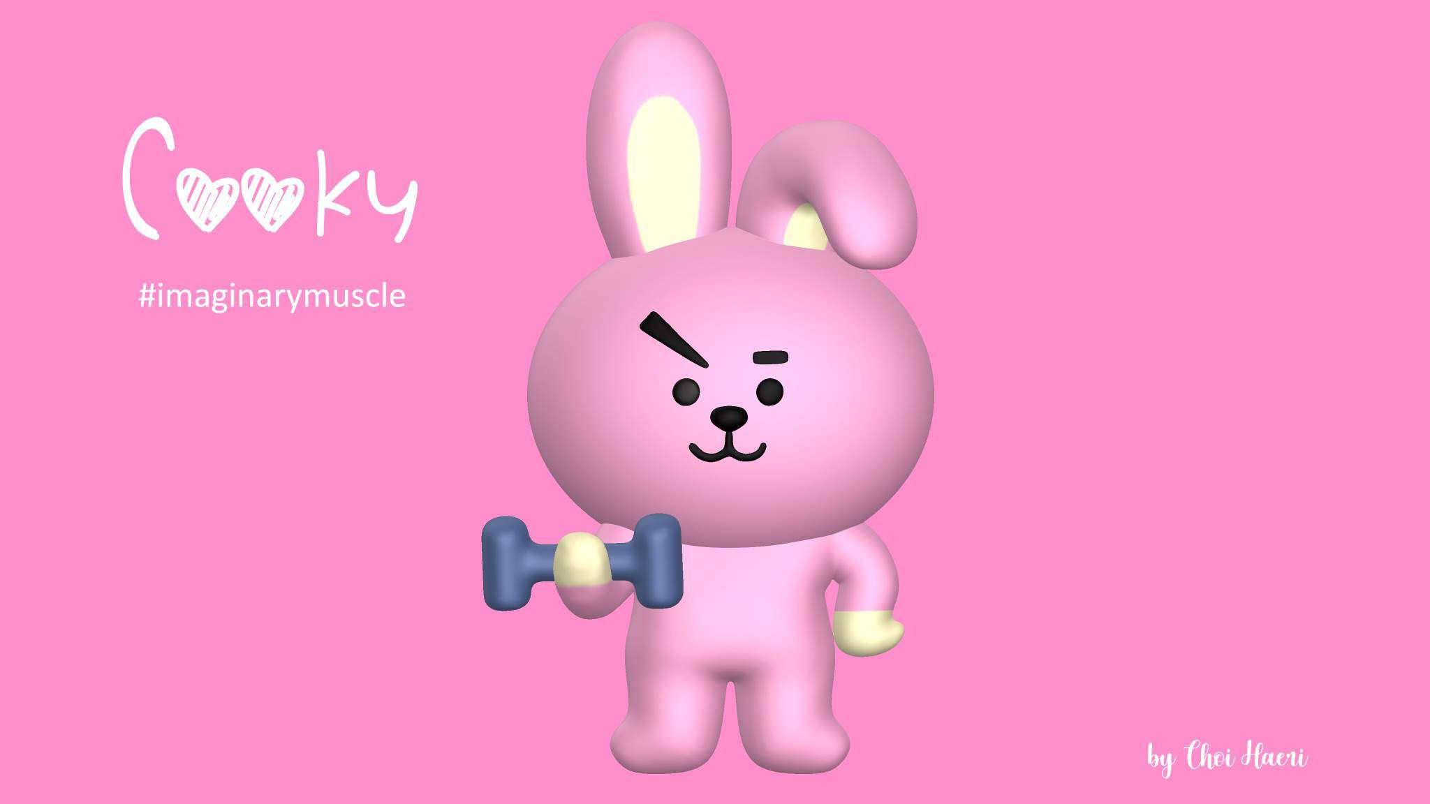 Cooky Bt21 桌布 壁紙 — 一隻粉紅色卡通兔子帶著憤怒的表情，在純粉紅色背景上拿著一個藍色啞鈴。