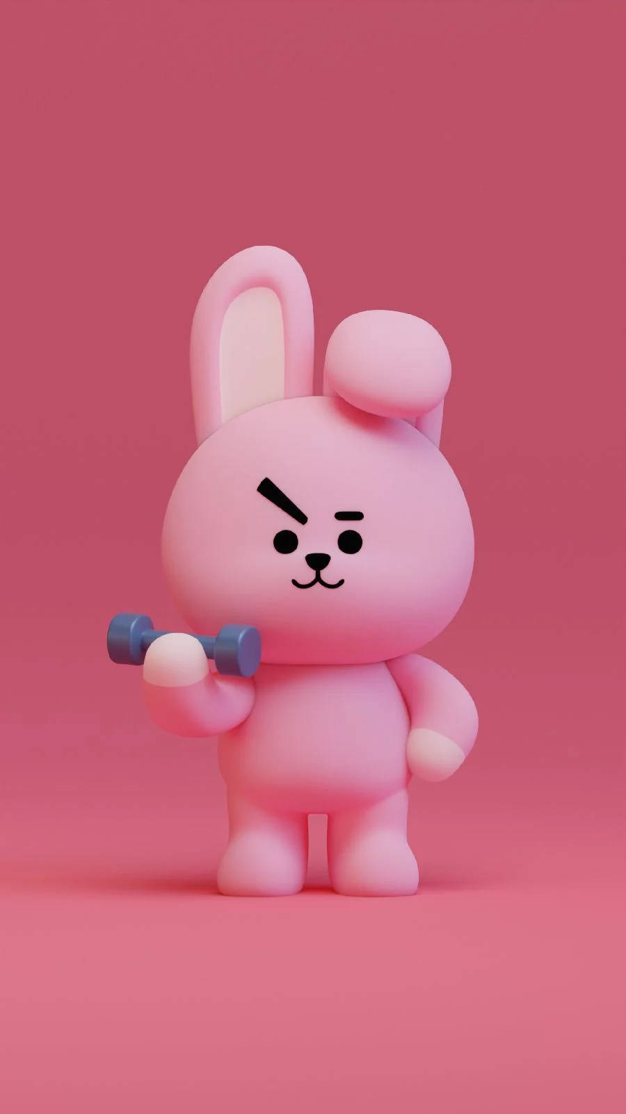 Cooky Bt21 桌布 壁紙 — 一隻粉紅色卡通兔子帶著憤怒的表情，在純粉紅色背景上拿著一個小藍色啞鈴。