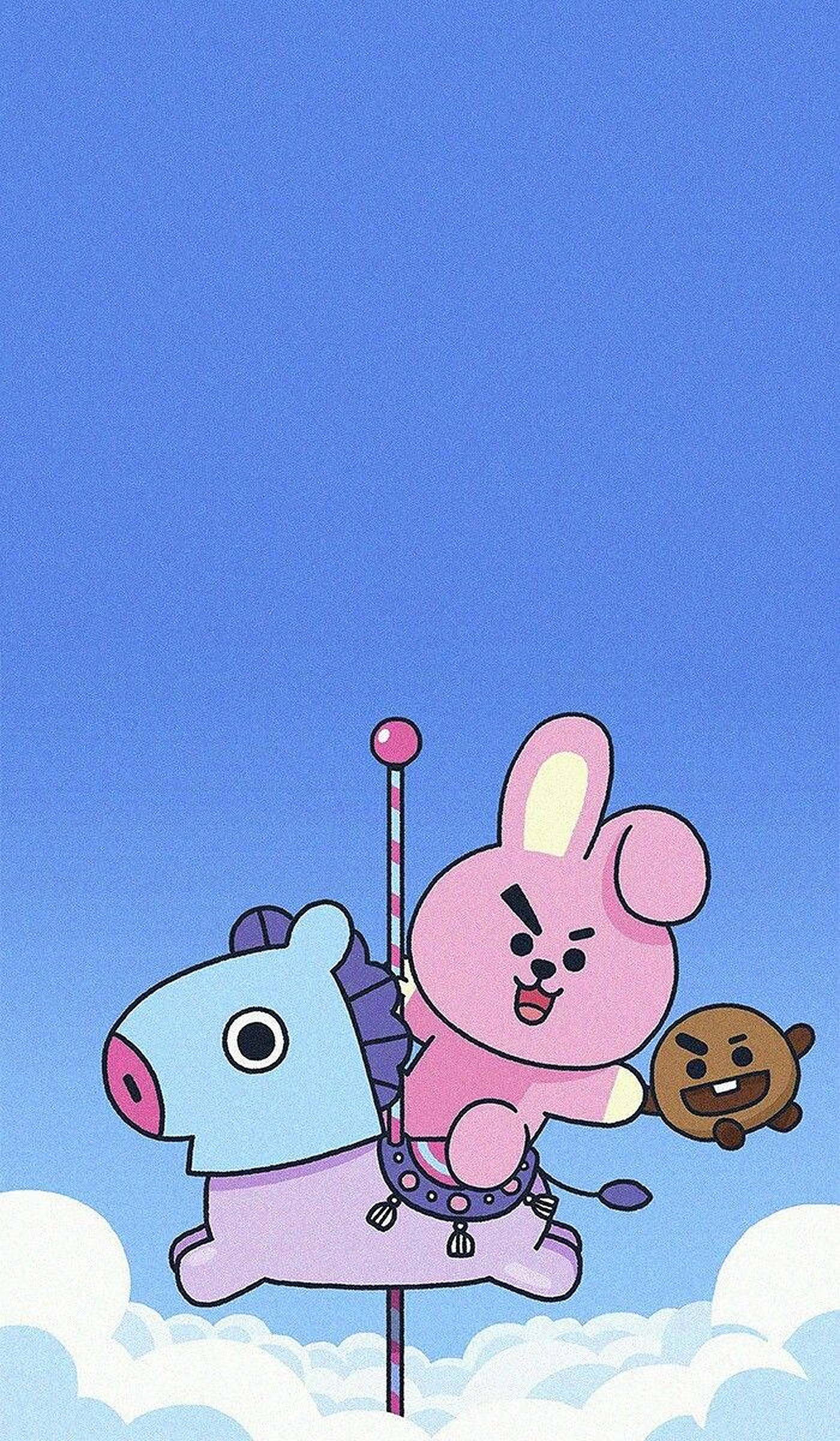 shooky bt21 桌布 壁紙 — 一隻粉紅色卡通兔子帶著憤怒的表情，騎著淺藍色旋轉木馬，背景是晴朗的藍天和蓬鬆的白雲。
