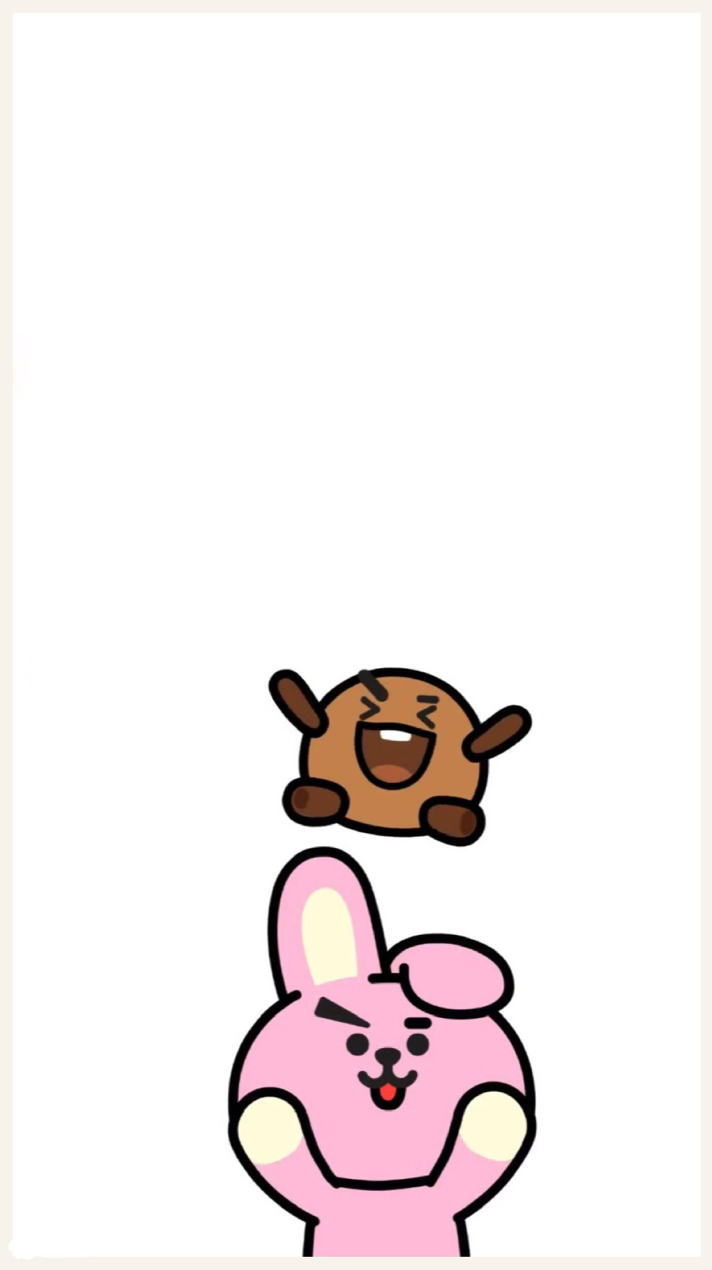 shooky bt21 桌布 壁紙 — 一隻粉紅色卡通兔子帶著頑皮的笑容，在純白色背景上將一個棕色餅乾角色高舉過頭。