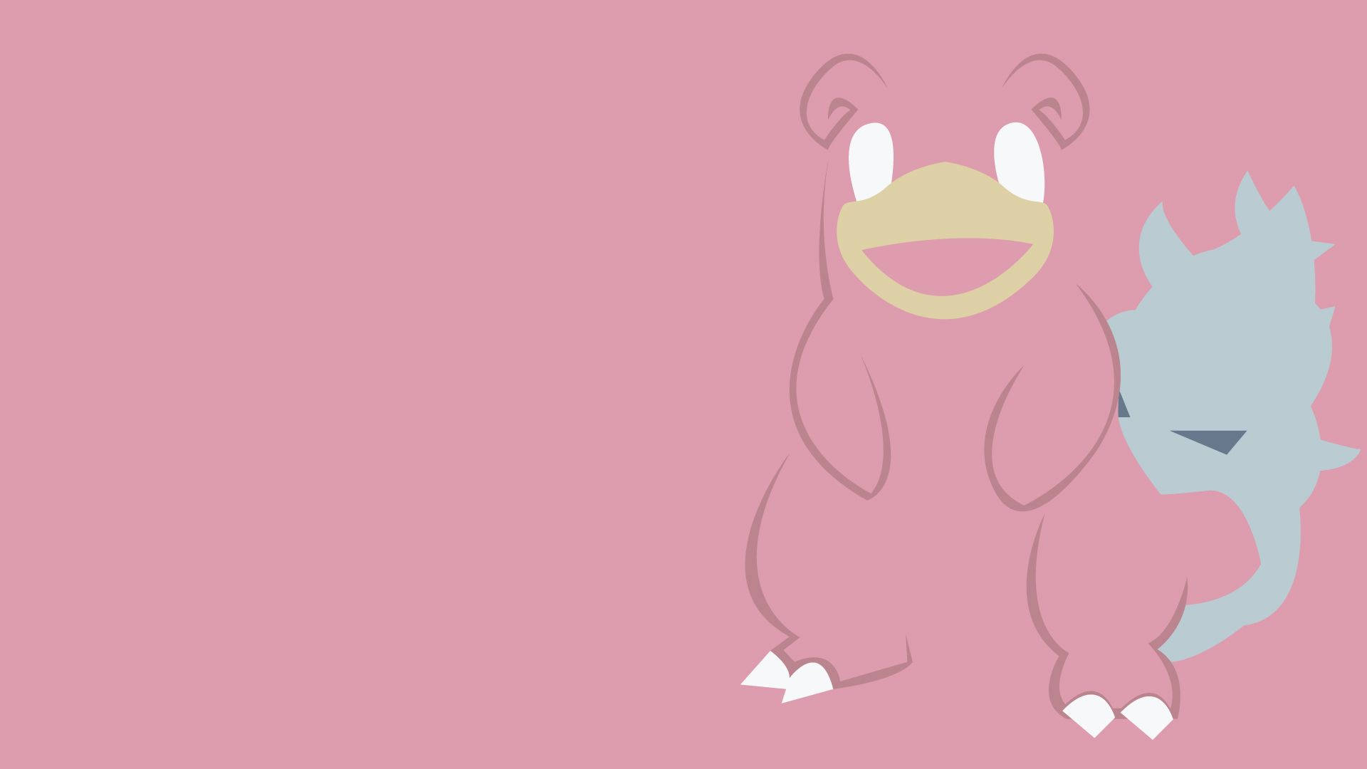 Slowpoke 桌布 壁紙 — 一隻粉紅色卡通恐龍，有黃色喙和白色眼睛，坐在純粉紅色背景上的藍色龍剪影旁邊。