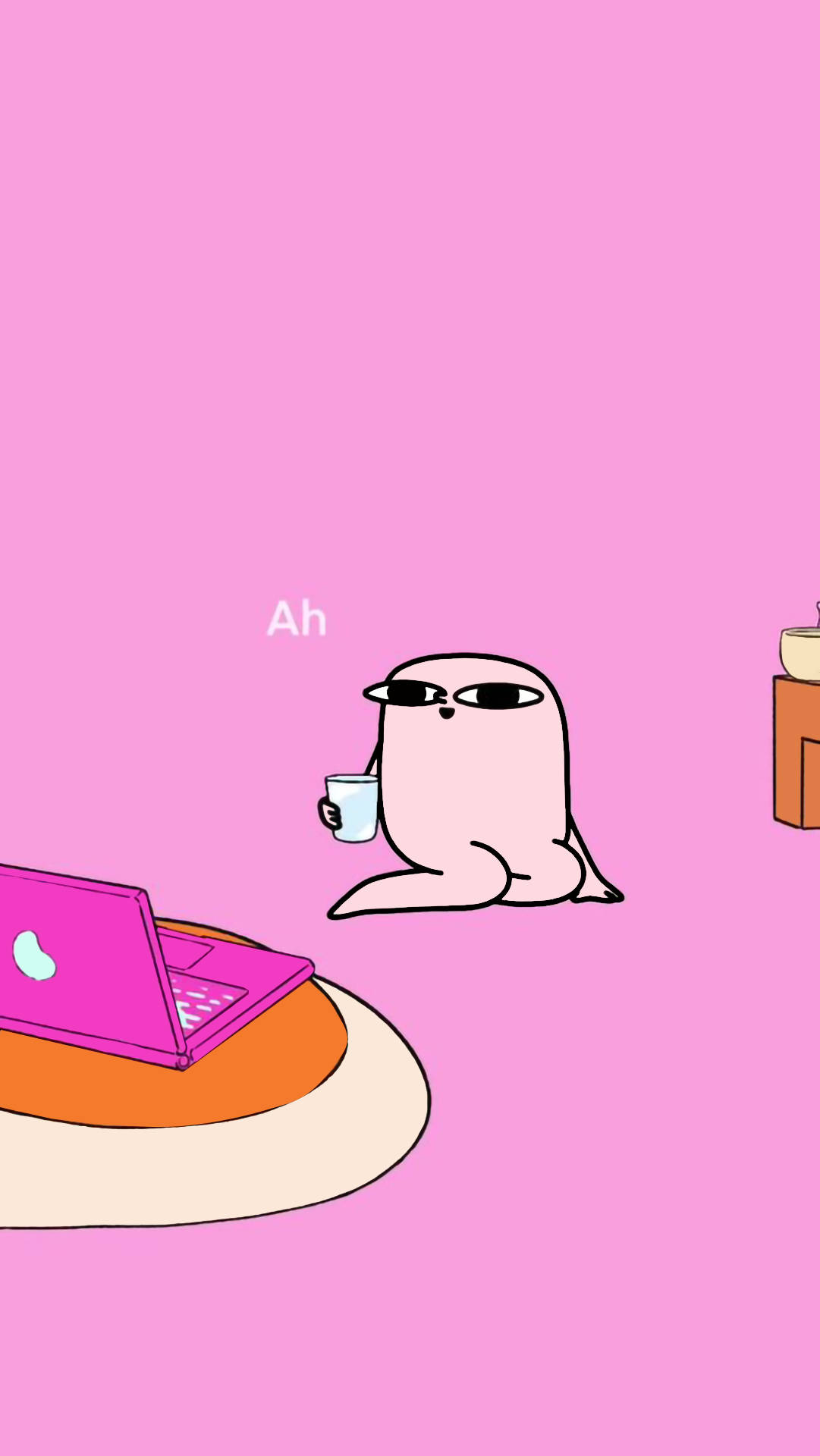 有趣美學GIF 桌布 壁紙 — 一隻粉紅色卡通海豹戴著太陽眼鏡，在地毯上粉紅色筆記型電腦旁邊放鬆，啜飲咖啡。