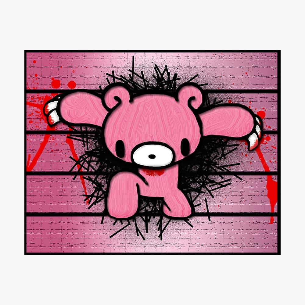 動漫 桌布 壁紙 — 一隻粉紅色卡通熊，帶有鋒利爪子和血跡，從黑色尖刺中浮現，背景是粉紅色木板。