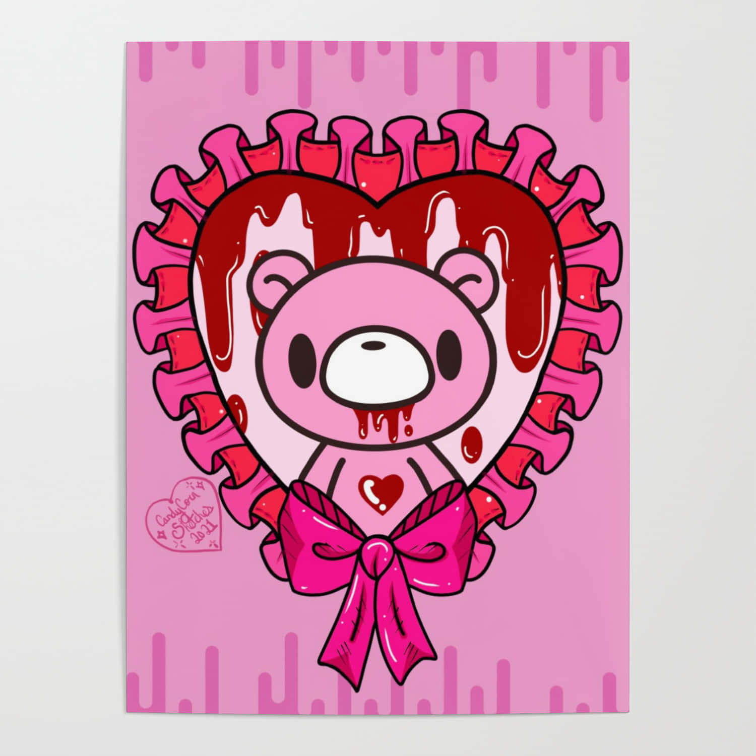 gloomy bear 桌布 壁紙 — 一隻粉紅色卡通熊，頭部呈心形，滴著紅色液體，坐在一個粉紅色荷葉邊心形框內，背景為粉紅色。