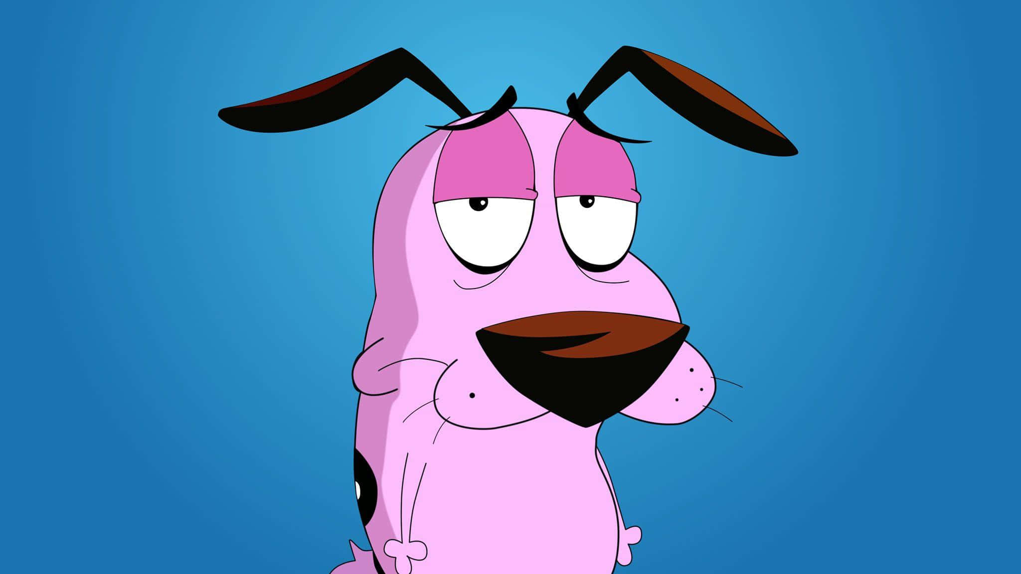 courage the cowardly dog 桌布 壁紙 — 一隻粉紅色卡通狗，有著下垂的眼睛和棕色耳朵，在純藍色背景上茫然地凝視。