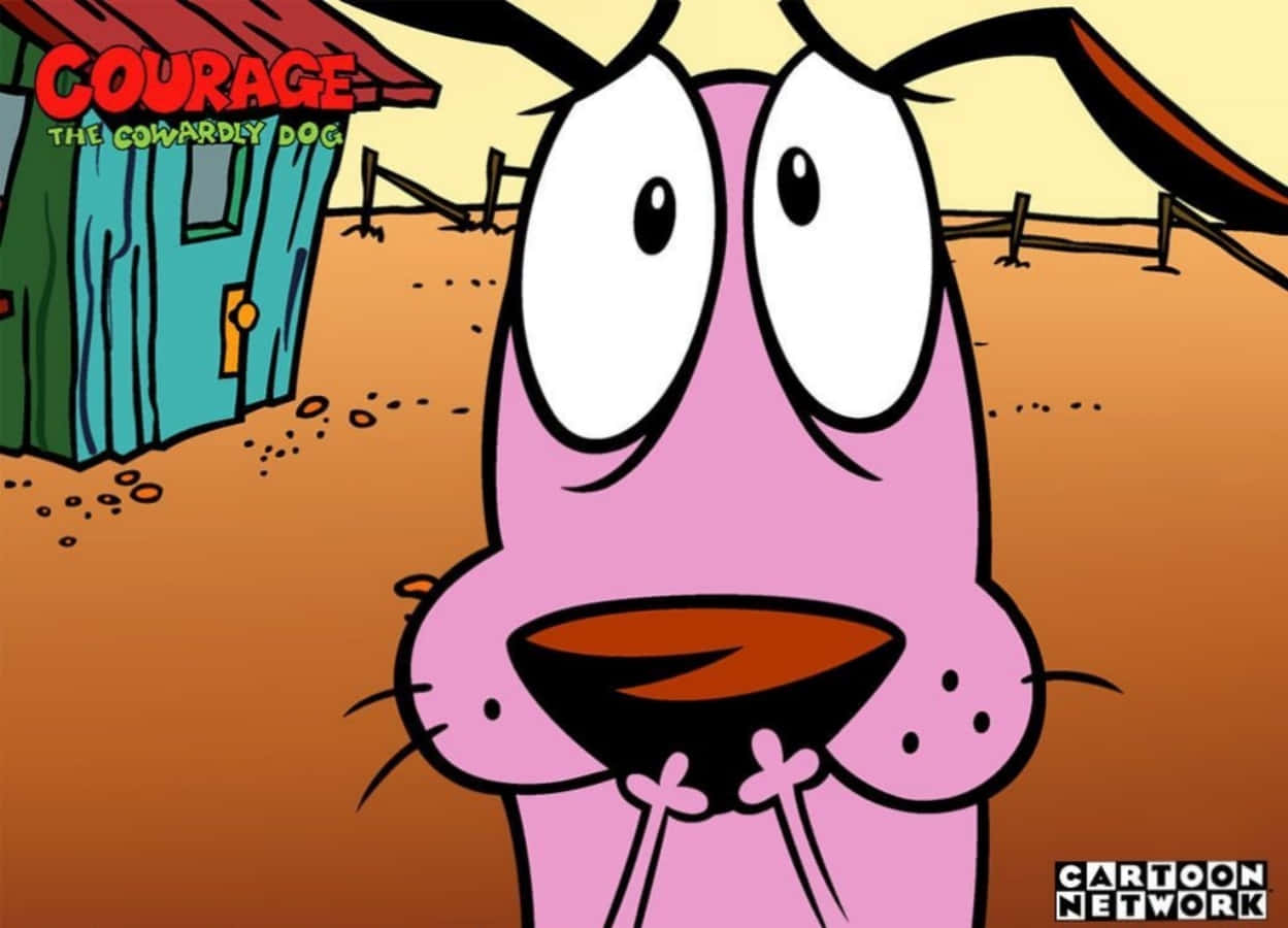courage the cowardly dog 桌布 壁紙 — 一隻粉紅色卡通狗，眼睛巨大，在藍色狗屋旁邊的塵土飛揚的院子裡睜大眼睛凝視。