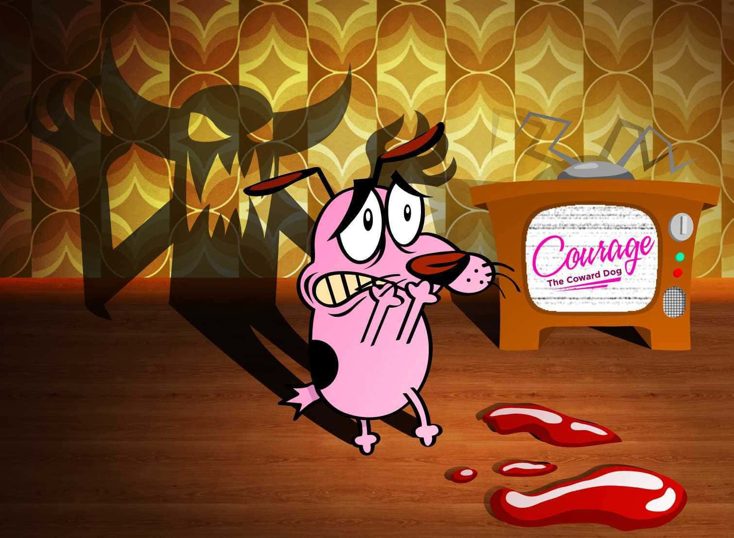 courage the cowardly dog 桌布 壁紙 — 一隻粉紅色卡通狗，眼睛睜大，表情驚恐，站在一部顯示《Courage The Coward Dog》的復古電視機前，地板上有血跡。