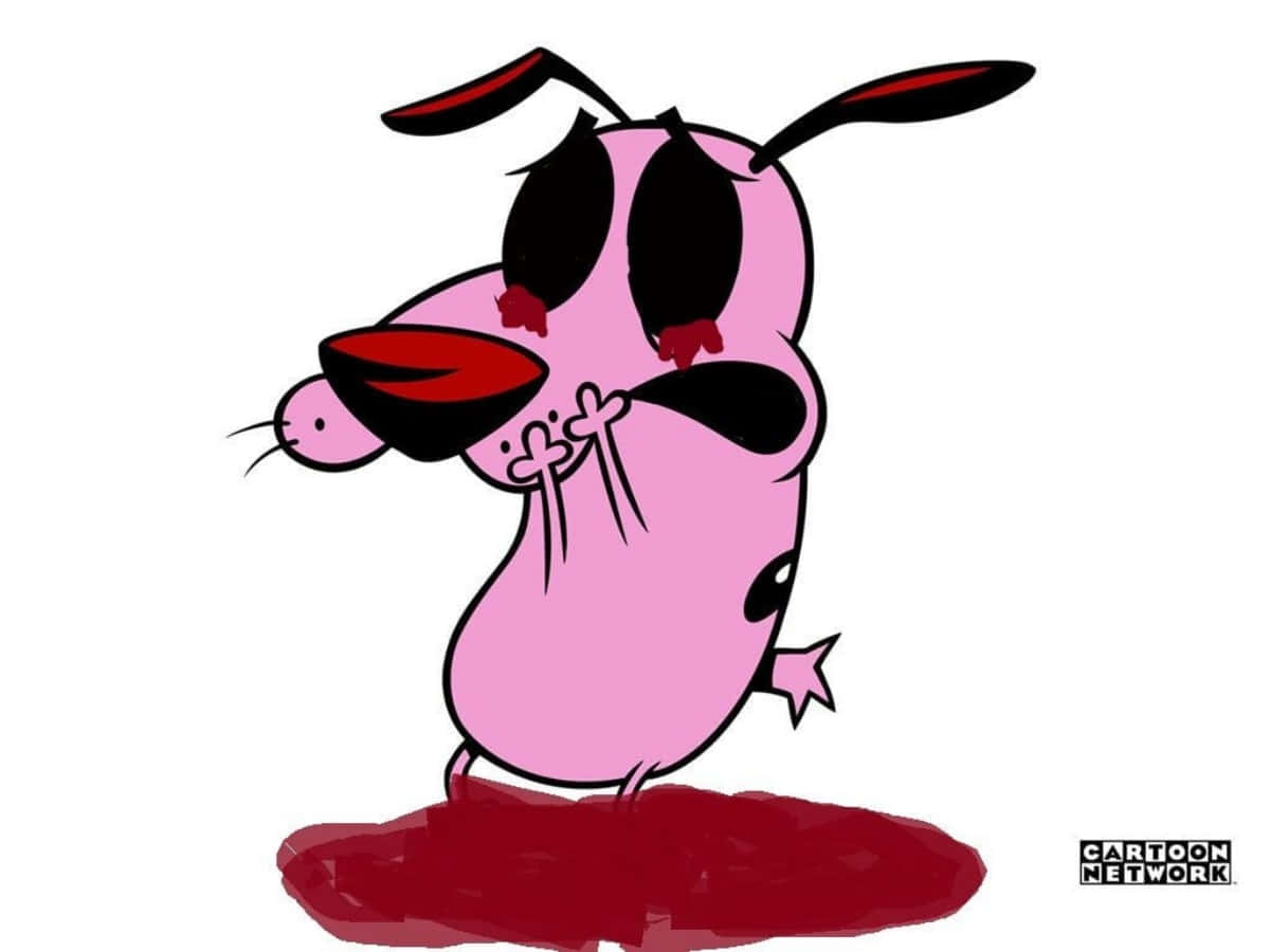 courage the cowardly dog 桌布 壁紙 — 一隻粉紅色卡通狗，黑色耳朵和鼻子，站在紅色水坑中，嘴裡叼著一隻小粉紅色老鼠。