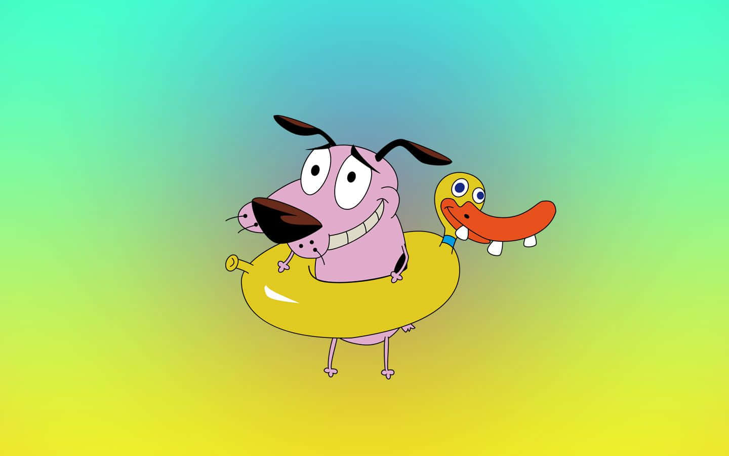 courage the cowardly dog 桌布 壁紙 — 一隻粉紅色卡通狗和橙色鴨子，大眼睛微笑著，漂浮在黃色救生圈上，背景是從藍綠色到黃色的漸變色。