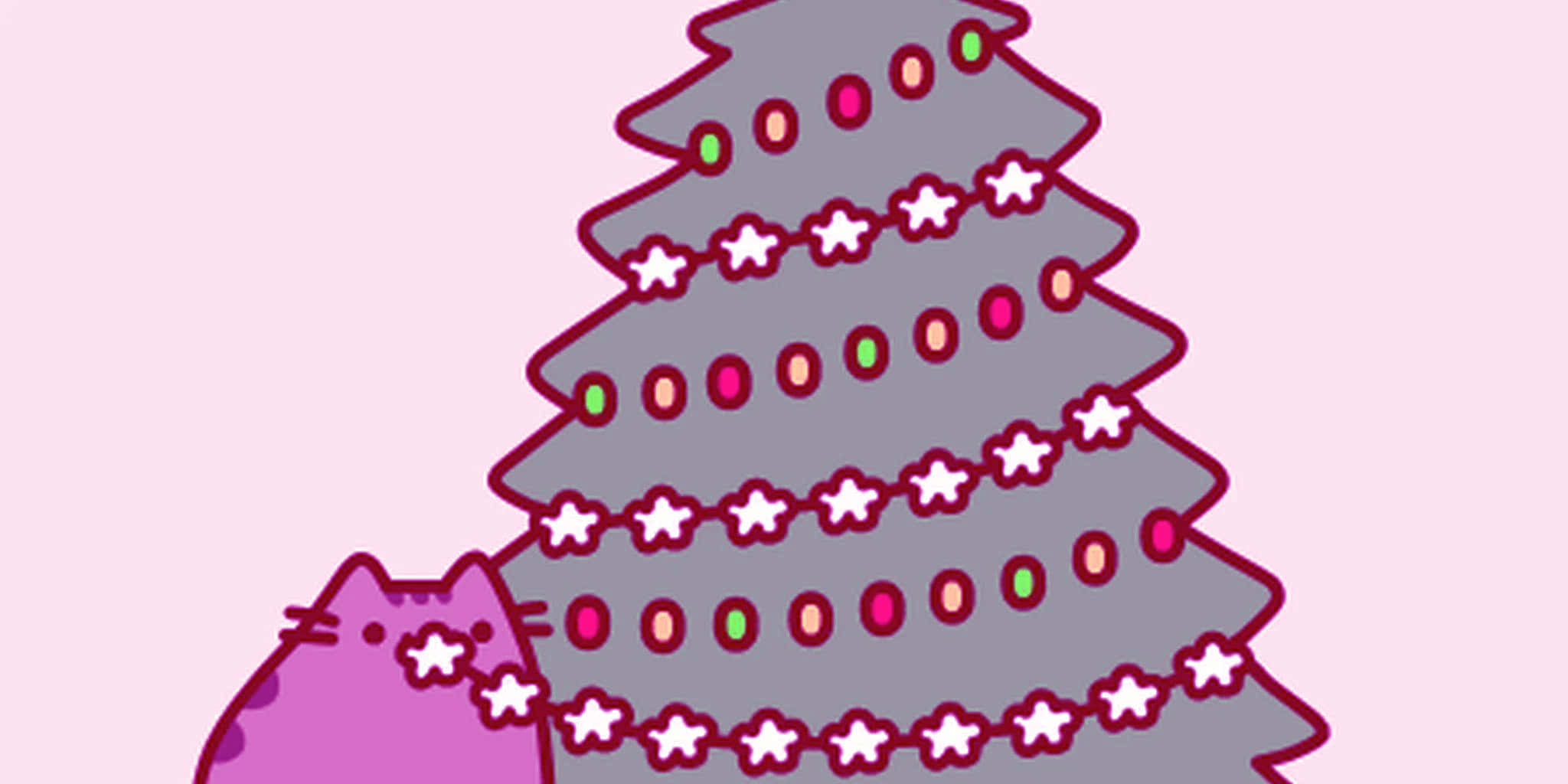 Pusheen Kawaii 桌布 壁紙 — 一隻粉紅色卡通貓咪在灰色聖誕樹旁邊探頭，聖誕樹裝飾著紅、白、綠燈飾和星星花環。