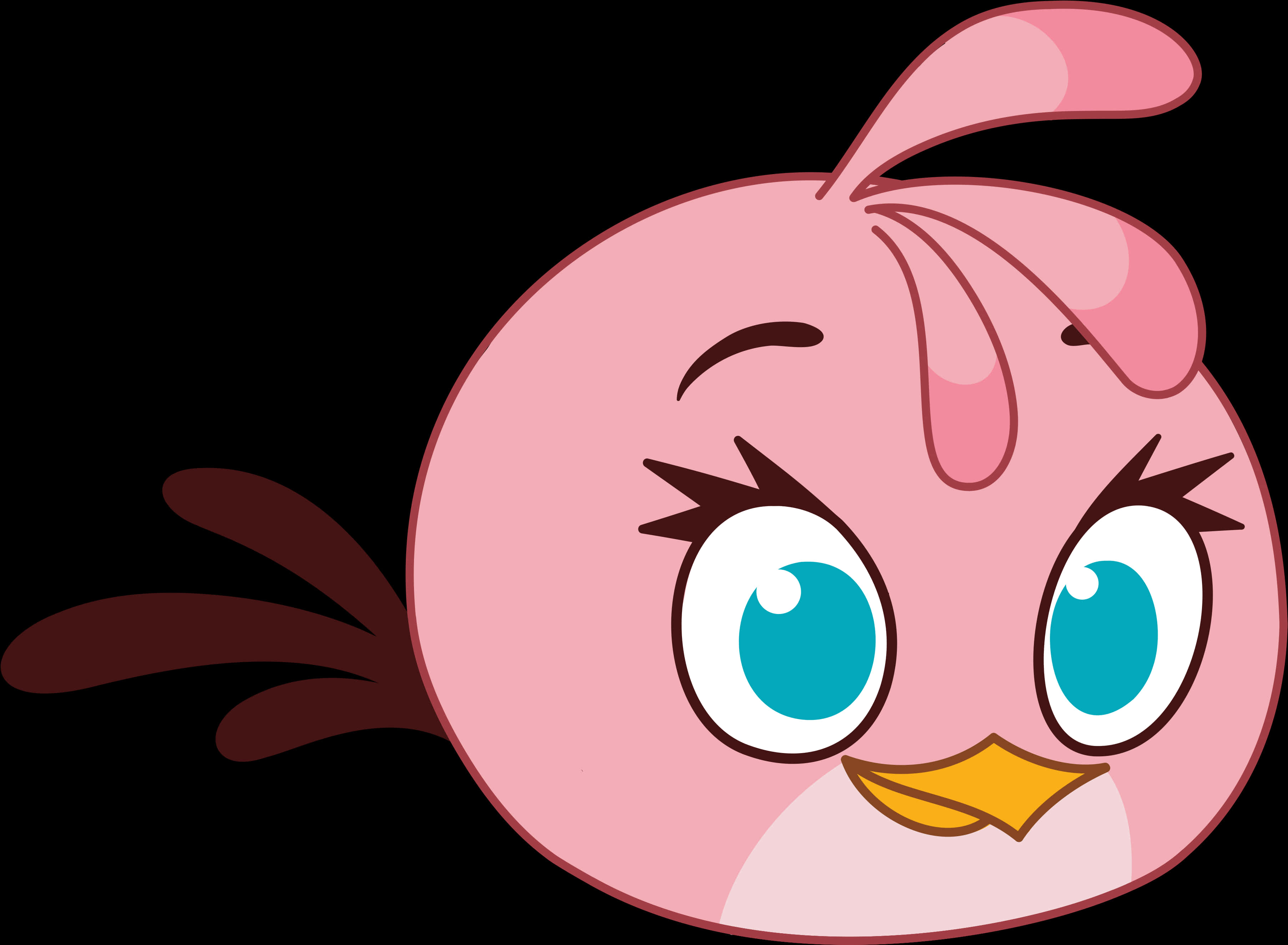 Angry Birds 桌布 壁紙 — 一隻粉紅色卡通鳥的近距離特寫，有大藍眼睛和眨眼表情，背景為黑色。
