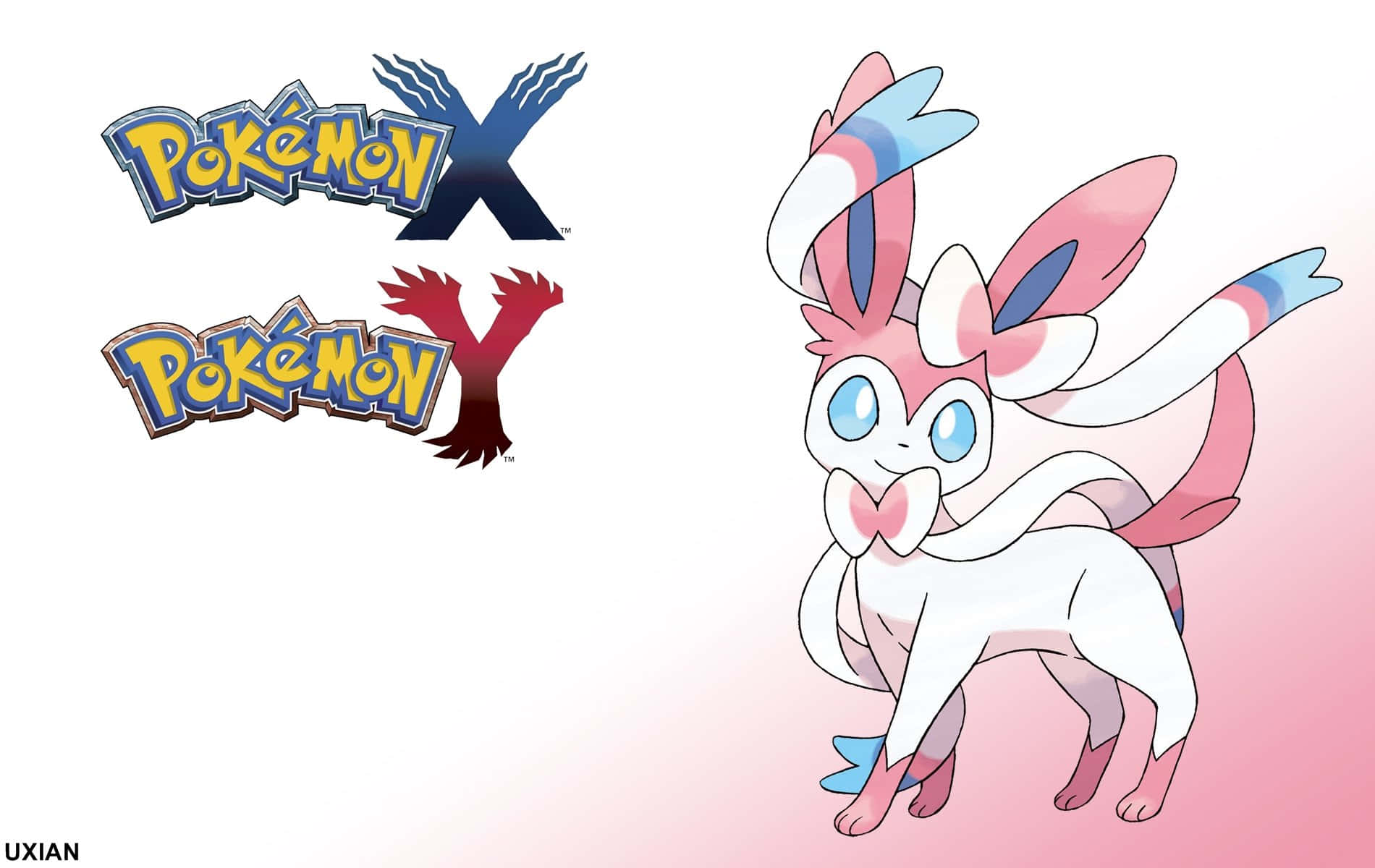 Cute Sylveon 桌布 壁紙 — 一隻粉紅色和白色的仙子伊布愉快地站在柔和的粉紅色漸變背景上，旁邊是寶可夢 X 和 Y 標誌。