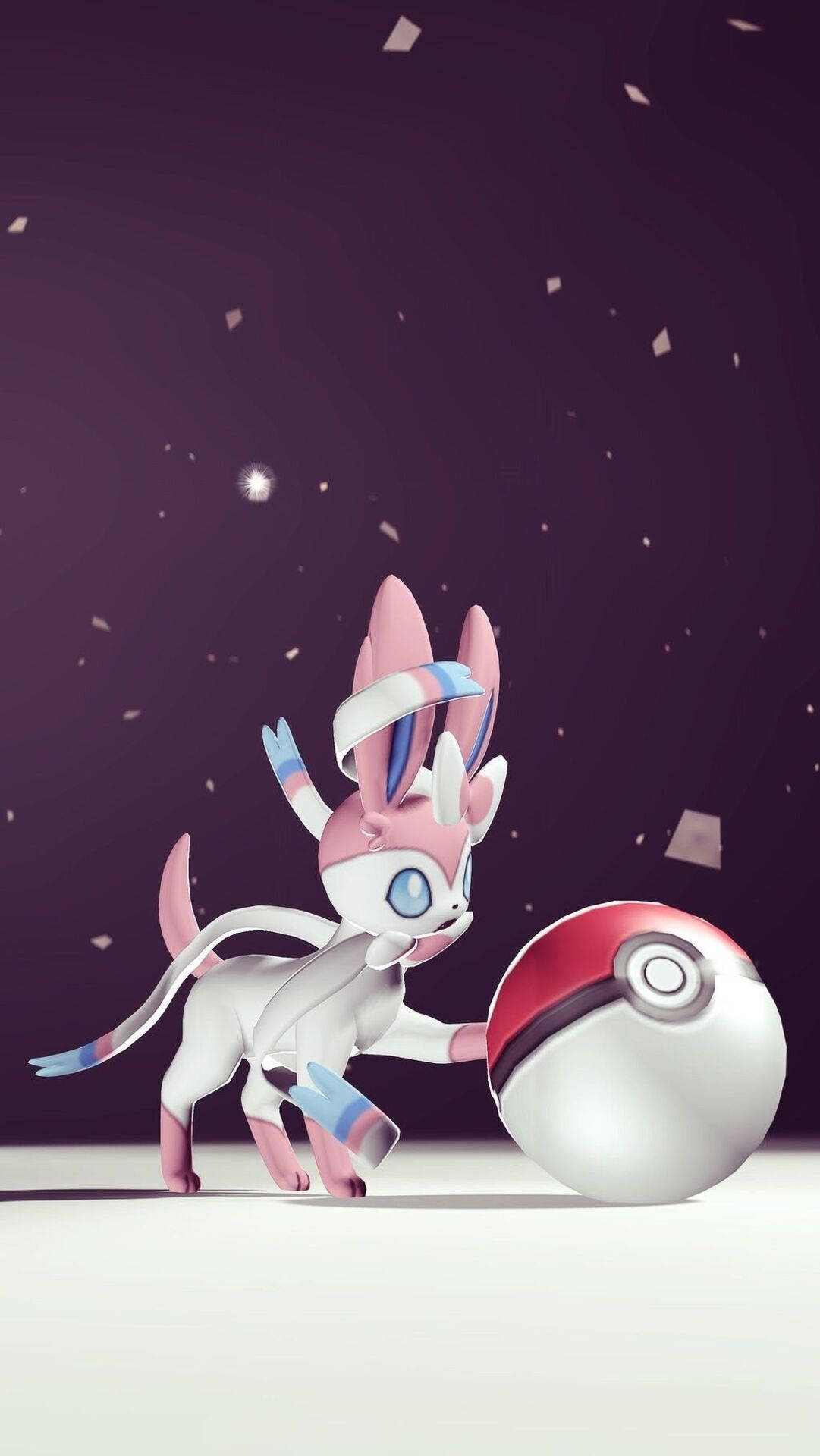 Sylveon 桌布 壁紙 — 一隻粉紅色和白色的仙子伊布站在精靈球旁邊，背景是佈滿星星的紫色天空，有飄落的彩紙。