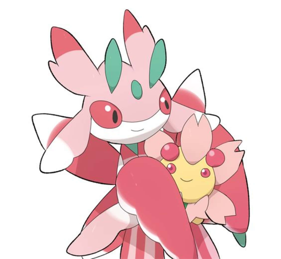Pokemon Aesthetic 桌布 壁紙 — 一隻粉紅色和紅色的動漫風格寶可夢輕輕地抱著一隻較小的黃色寶可夢，表情愉快。