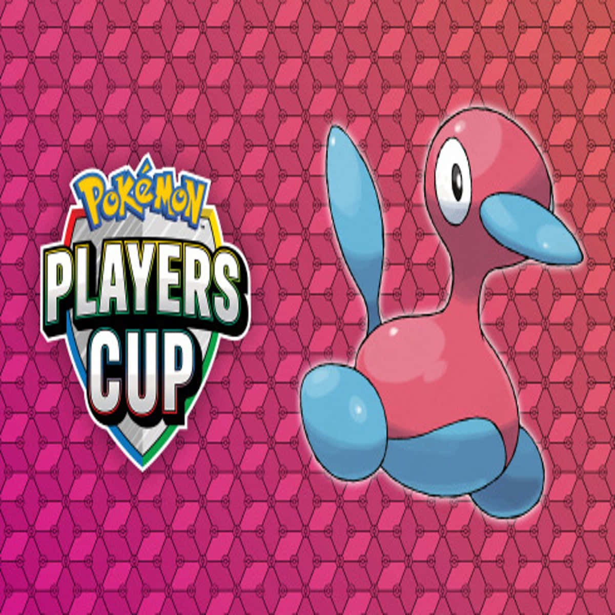 Porygon2 桌布 壁紙 — 一隻粉紅色和藍色的卡通寶可夢在圖案洋紅色背景上漂浮在「Pokémon Players Cup」標誌旁邊。