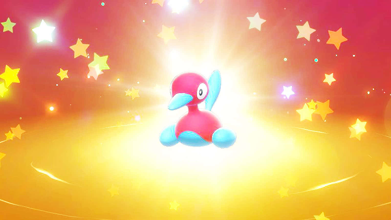 Porygon2 桌布 壁紙 — 一隻粉紅色和藍色的卡通鴨子寶可夢在充滿閃爍星星的燦爛金色背景下明亮發光。