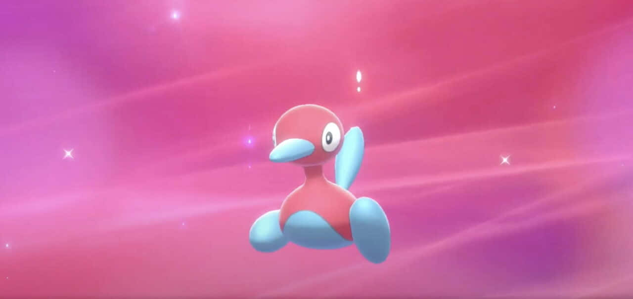 Porygon2 桌布 壁紙 — 一隻粉紅色和藍色的卡通鴨子寶可夢在發光的粉紅色和紫色星空下平靜地漂浮。