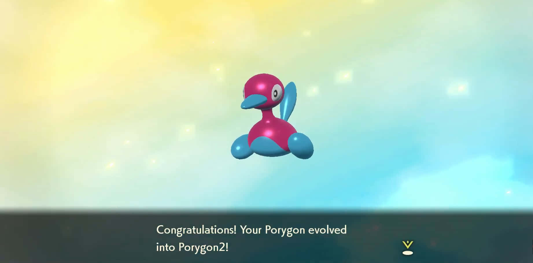 Porygon2 桌布 壁紙 — 一隻粉紅色和藍色的多邊獸II漂浮在發光的漸變天空中，遊戲文字宣佈其進化。