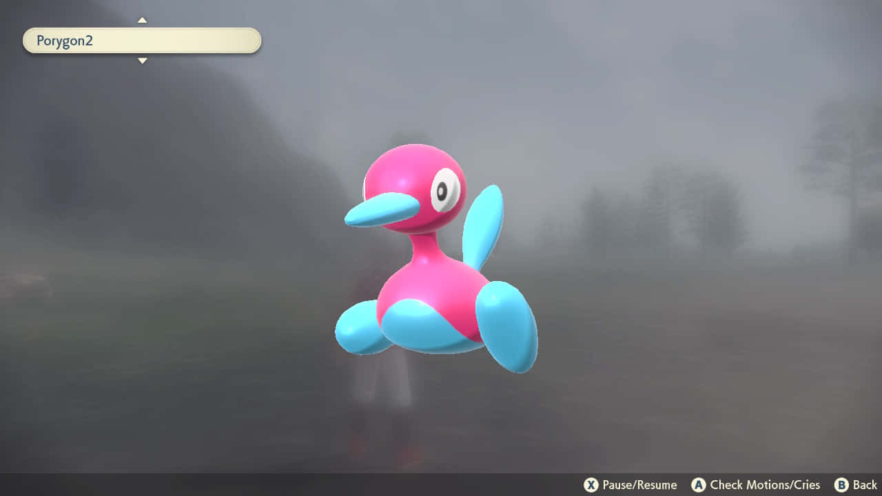 Porygon2 桌布 壁紙 — 一隻粉紅色和藍色的多邊獸II漂浮在霧氣瀰漫的戶外場景中，背景有模糊的樹木。