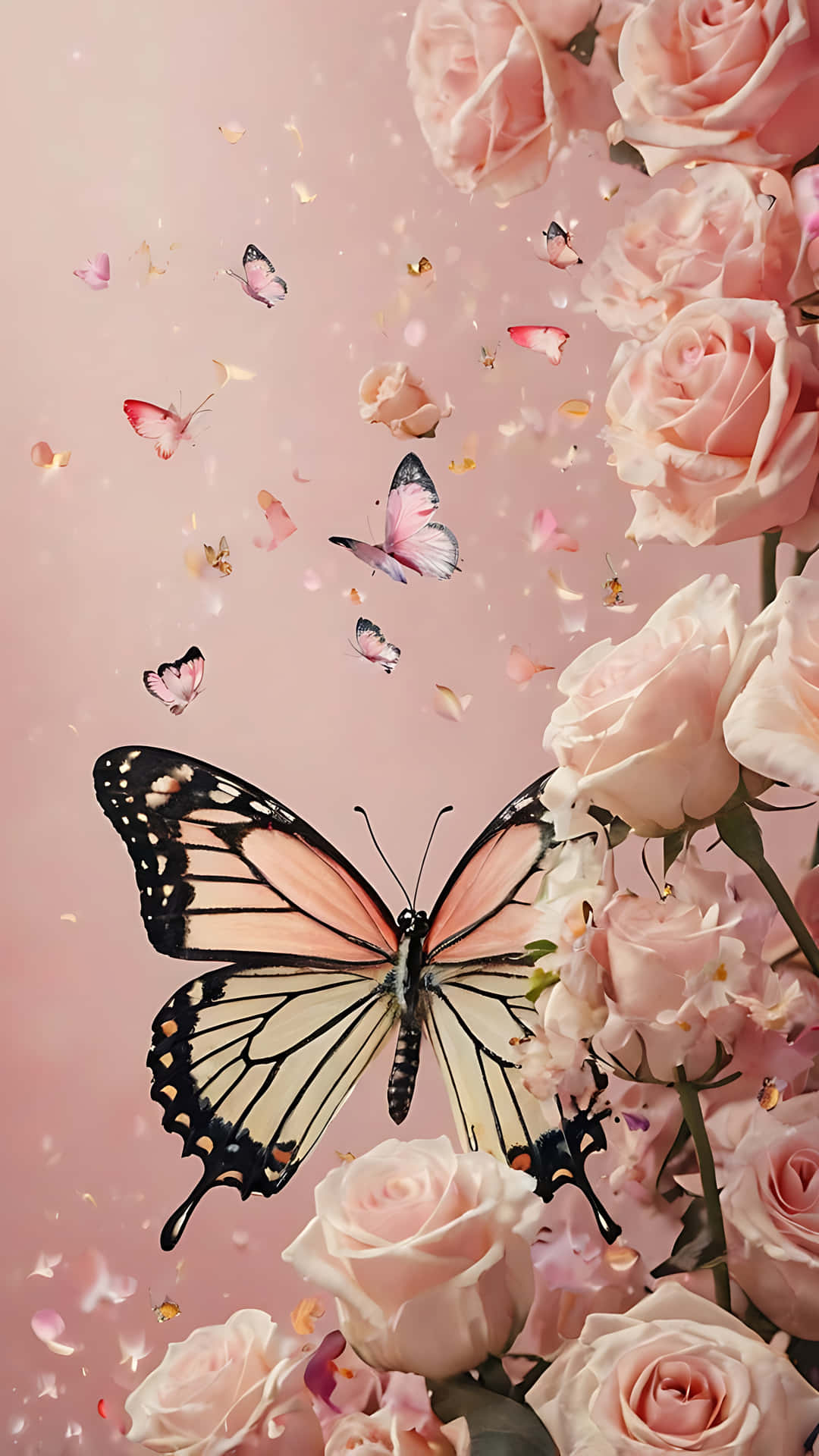Romantic Butterfly Kiss smartphone wallpaper 壁紙 — 一隻粉紅色和黑色的大蝴蝶在柔和的粉紅玫瑰間盤旋，較小的蝴蝶和花瓣在柔和的粉彩薄霧中飄蕩。
