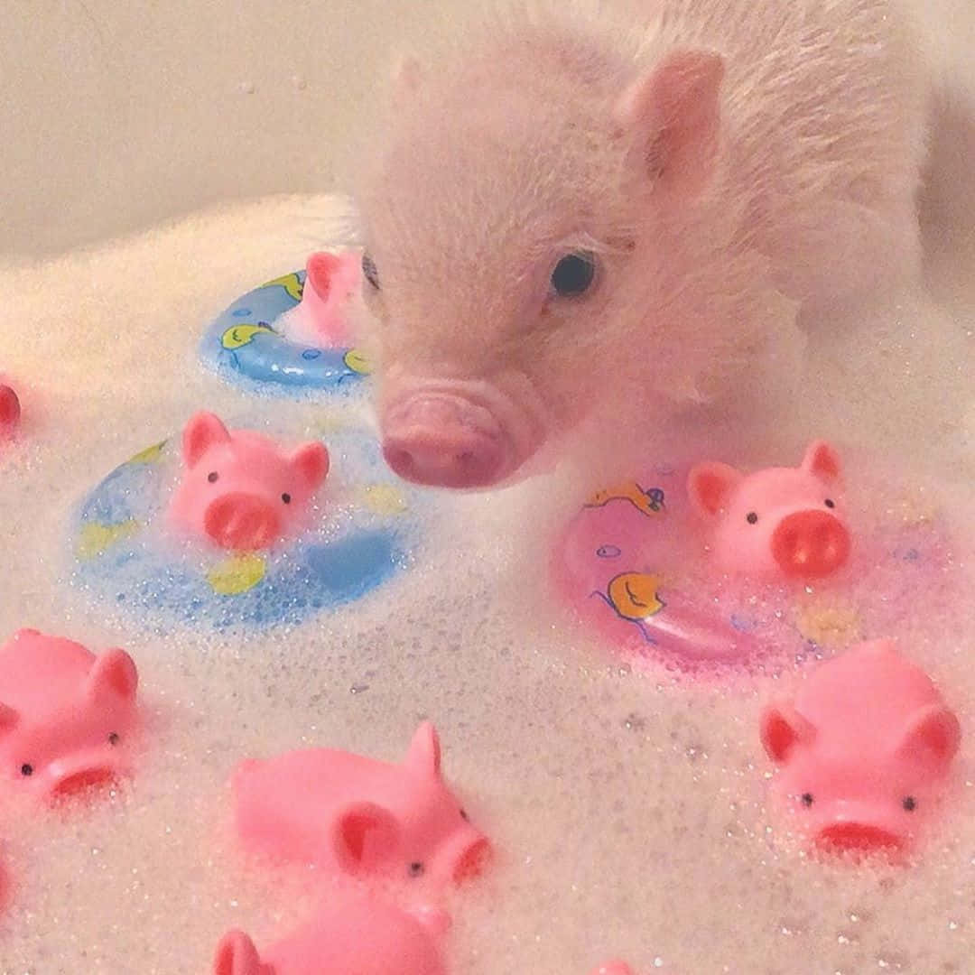 Pig 桌布 壁紙 — 一隻粉紅色小豬在肥皂水中洗澡，周圍漂浮著粉紅色小豬沐浴玩具。
