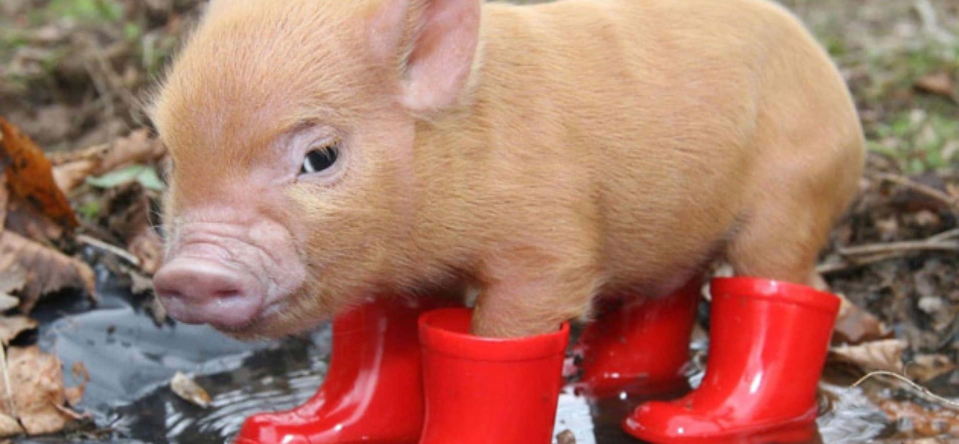 Piglet 桌布 壁紙 — 一隻粉紅色小豬穿著鮮紅色雨靴，站在淺泥濘水坑中，周圍散落著落葉。
