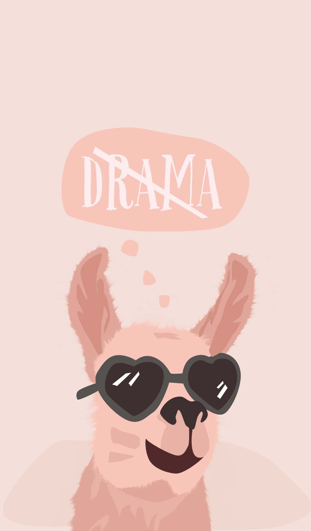Kawaii Llama 桌布 壁紙 — 一隻粉紅色插畫羊駝戴著心形太陽眼鏡，並有一個思想泡泡劃掉了「drama」這個詞。