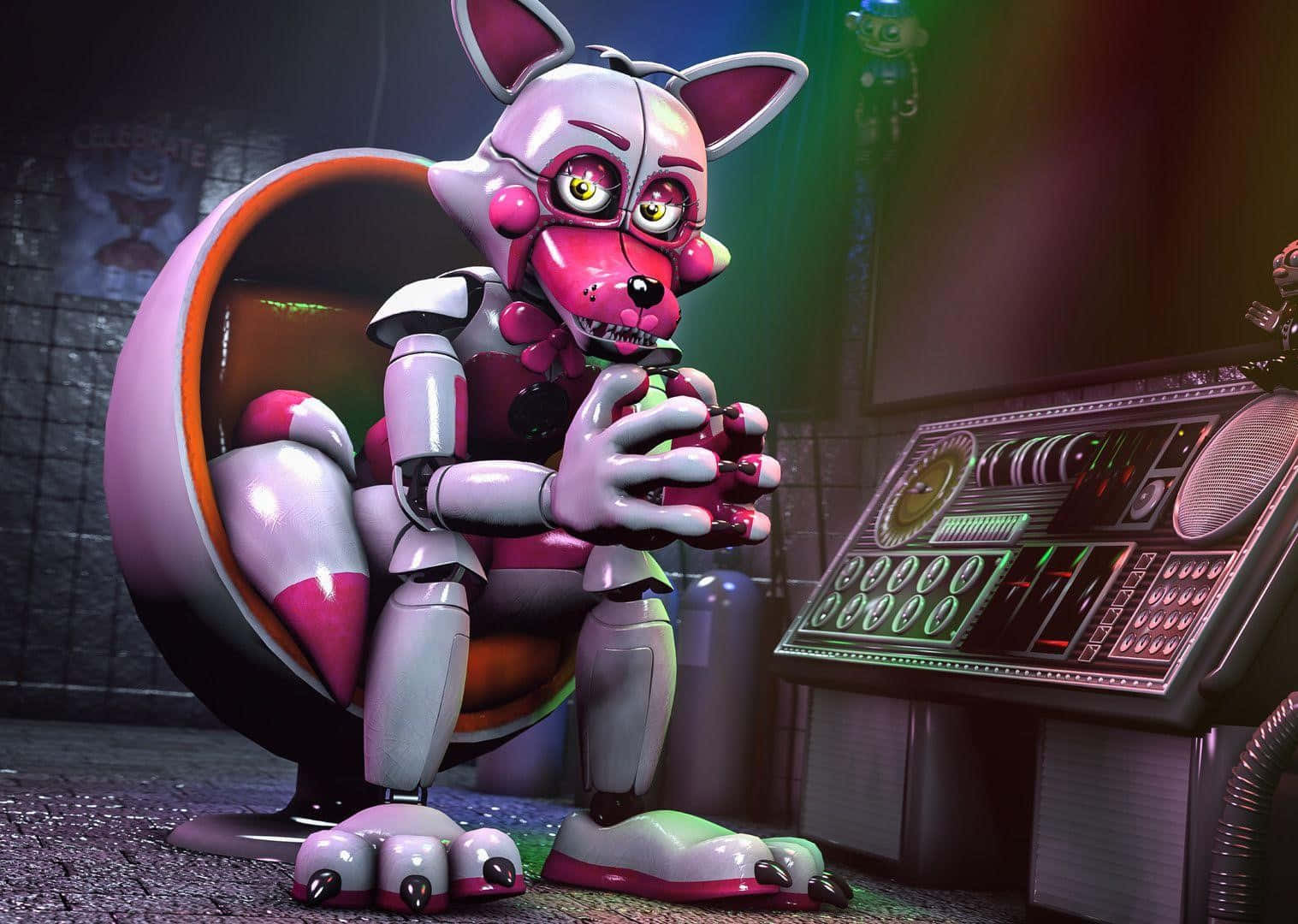 Funtime Foxy 桌布 壁紙 — 一隻粉紅色機械狐狸坐在椅子上，在昏暗的控制室中拿著飲料，周圍有發光的面板。