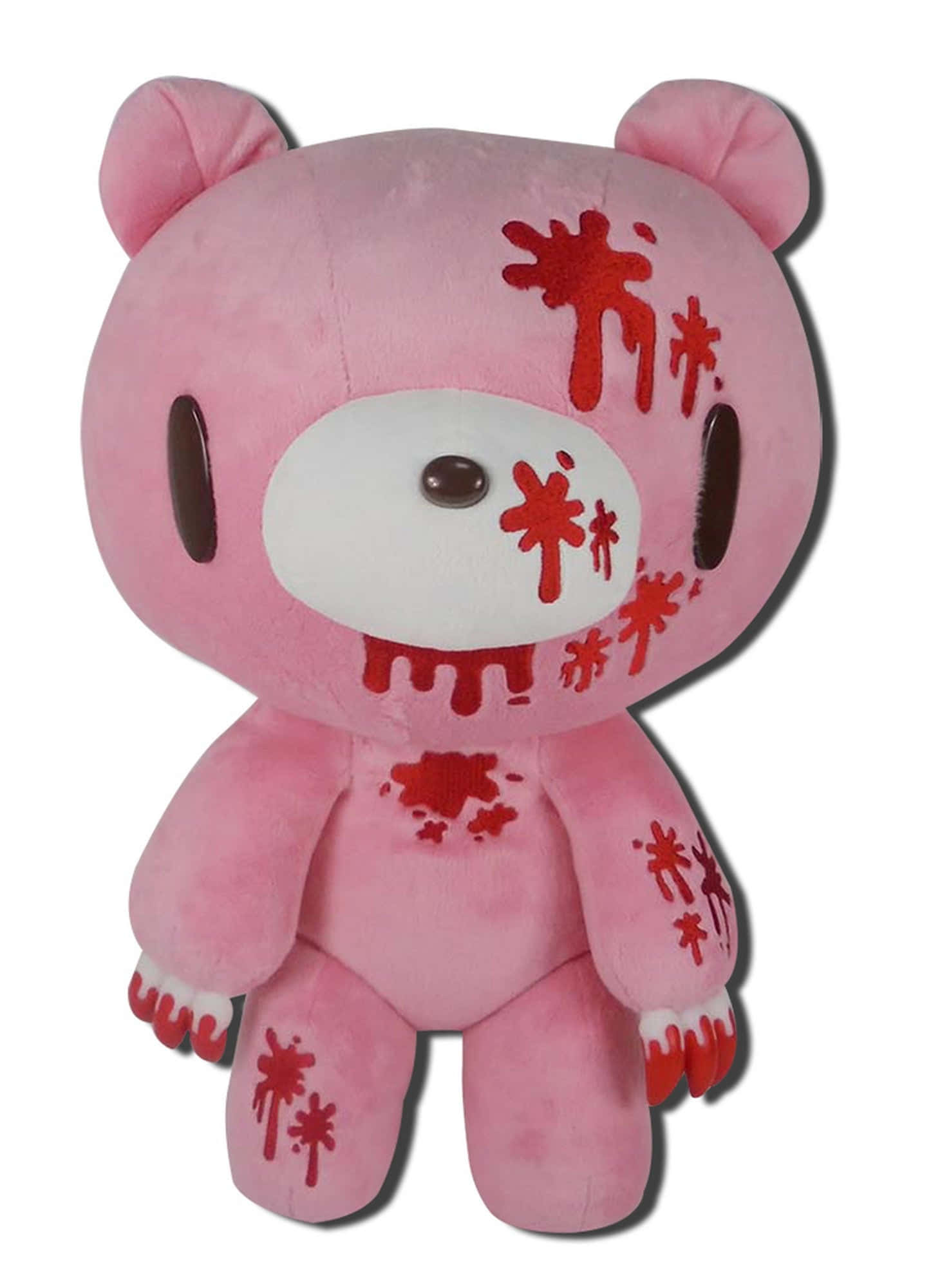 gloomy bear 桌布 壁紙 — 一隻粉紅色毛絨泰迪熊，臉上和身上有紅色噴濺污漬，背景為白色。