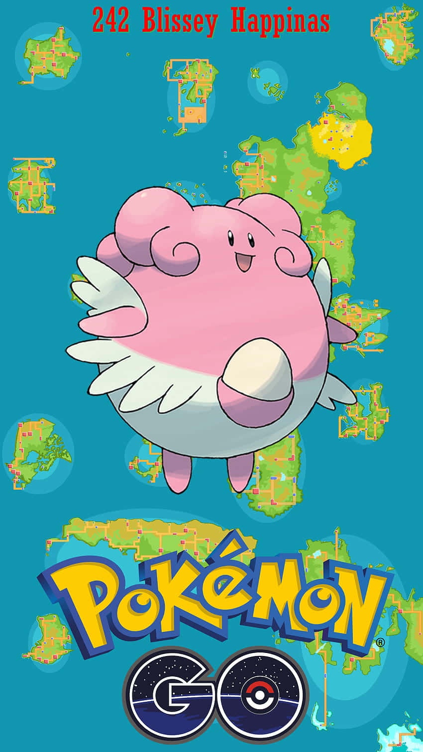 Pokémon 手機 桌布 壁紙 — 一隻粉紅色毛茸茸、有白色翅膀的寶可夢漂浮在青綠色背景上，背景有漂浮的地圖碎片和Pokémon GO標誌。