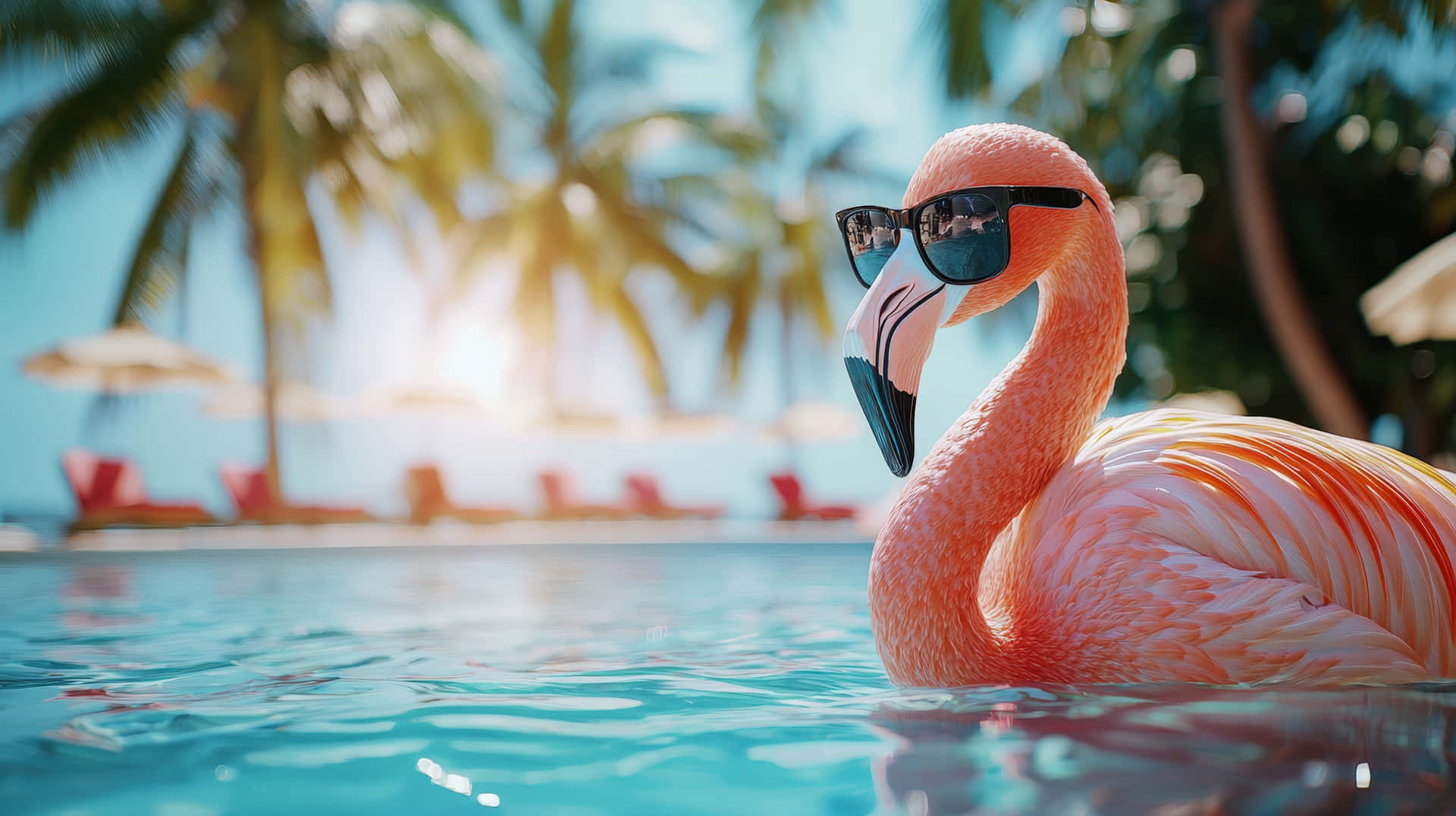 Stylish flamingo wearing sunglasses relaxing in a tropical resort pool 壁紙 — 一隻粉紅色火烈鳥戴著黑色太陽眼鏡漂浮在藍綠色的泳池中，背景有棕櫚樹和躺椅，陽光普照。