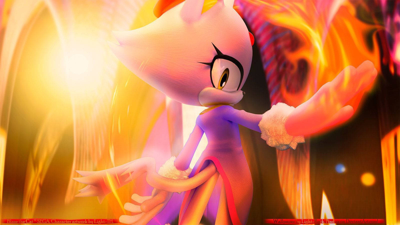 Blaze The Cat 桌布 壁紙 — 一隻粉紅色狐狸角色，帶有火焰般的光環和發光的眼睛，在閃耀的金色背景下擺出動感姿勢。