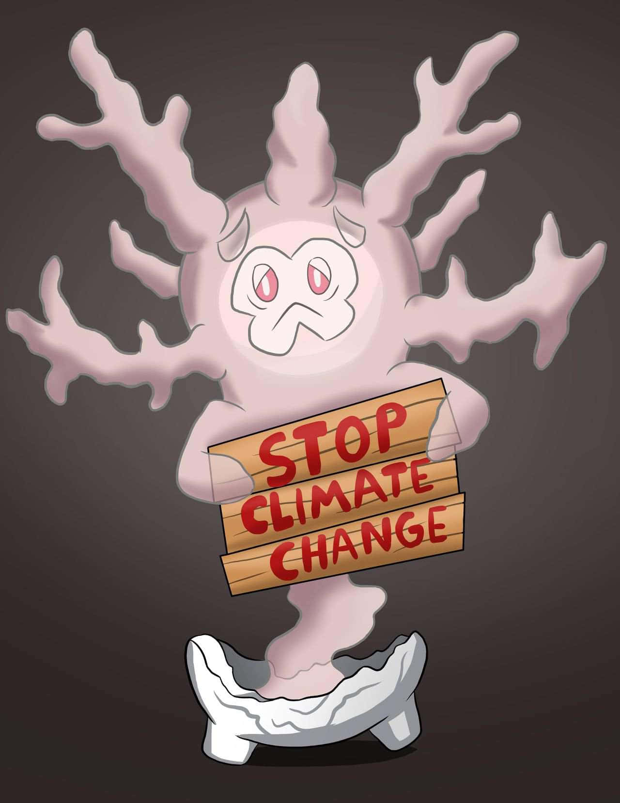 寶可夢 桌布 壁紙 — 一隻粉紅色珊瑚狀的Pokémon在深色背景前舉起一塊寫著「停止氣候變化」的木牌。