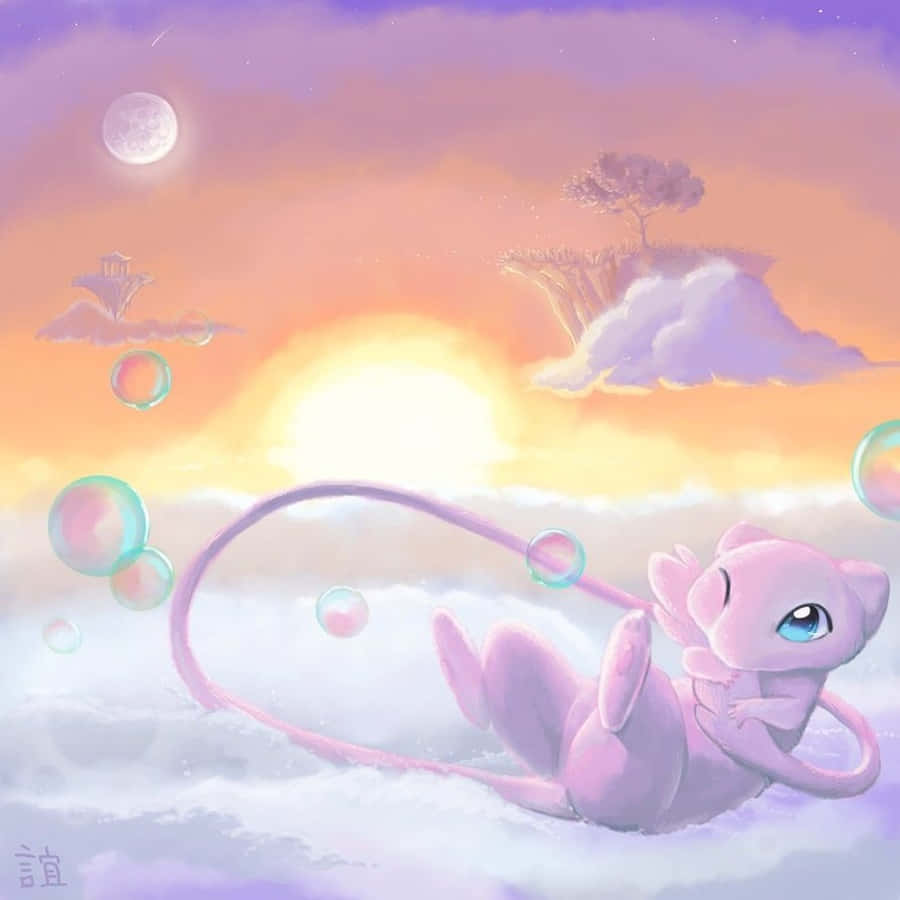Mew 桌布 壁紙 — 一隻粉紅色的Mewtwo在日落時分在雲上休息，周圍有浮動的泡泡和浮島，在月光照耀的天空下。