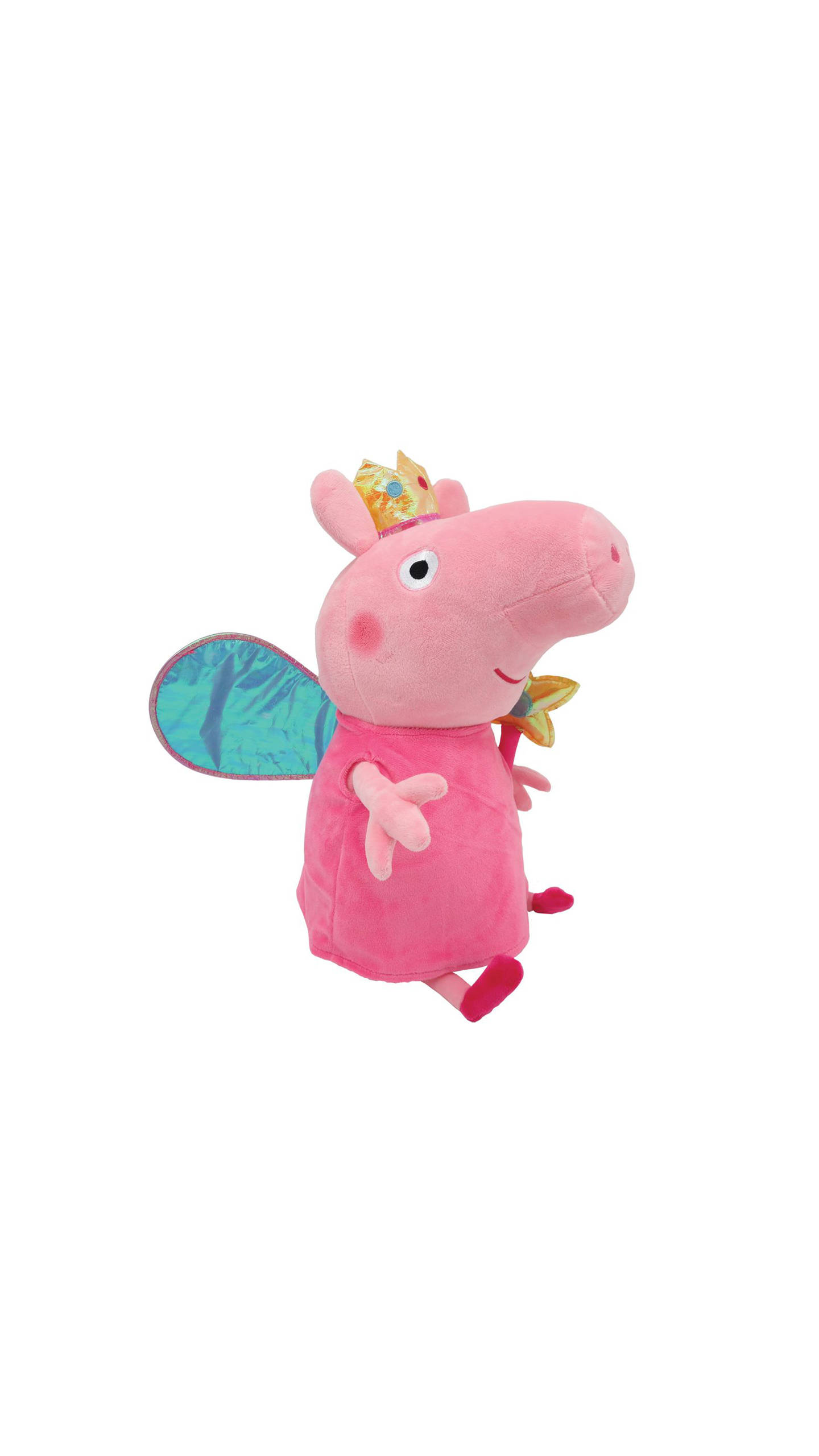 Peppa 桌布 壁紙 — 一隻粉紅色的Peppa Pig絨毛玩偶，穿著仙子服裝，有閃閃發光的翅膀和皇冠，背景是白色。