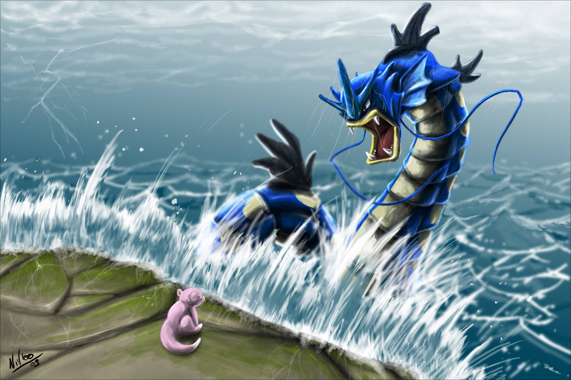 Gyarados 桌布 壁紙 — 一隻粉紅色的小生物看著一隻巨大的藍色龍從波濤洶湧的海浪中張開嘴巴出現。