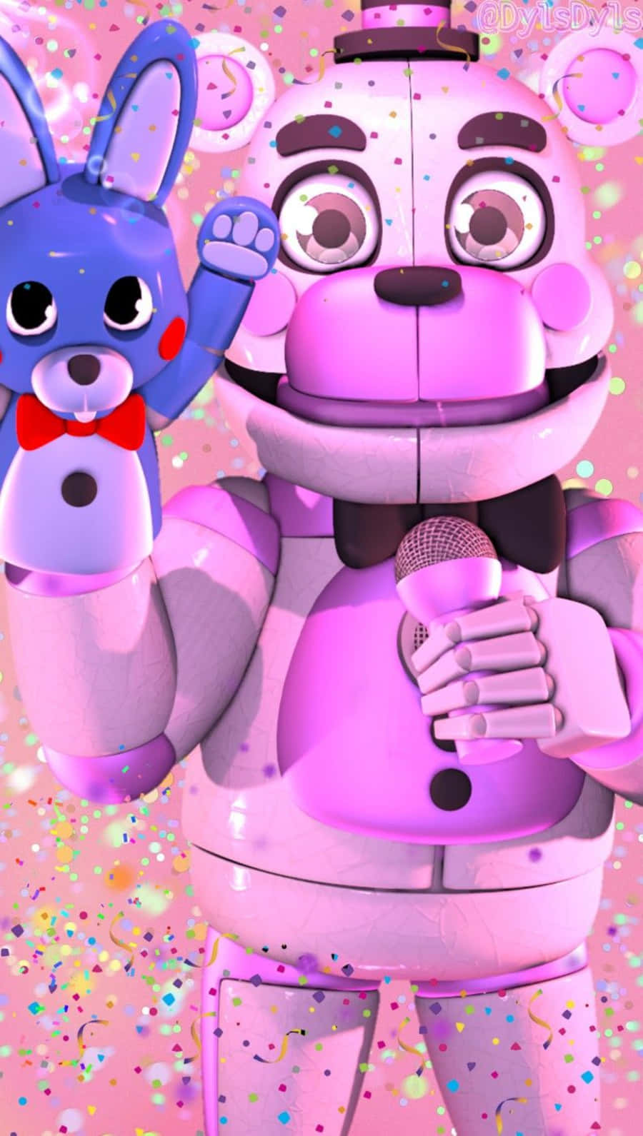 Funtime Freddy 桌布 壁紙 — 一隻粉紅色的機械熊拿著麥克風，站在一隻藍色兔子旁邊，在一個充滿五彩紙屑的節日場景中。