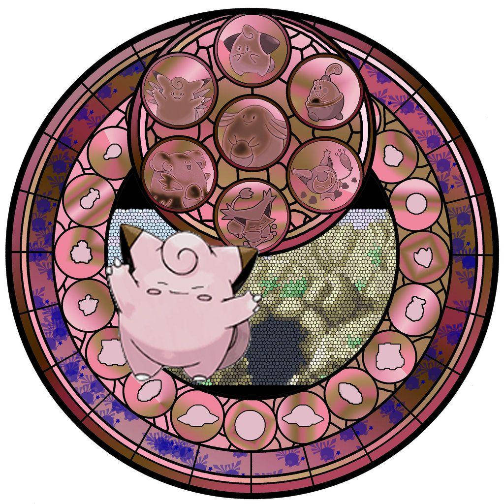 寶可夢 桌布 壁紙 — 一隻粉紅色的胖丁漂浮在一個圓形窗格的彩繪玻璃窗前，窗上顯示精靈球圖標和其他寶可夢。