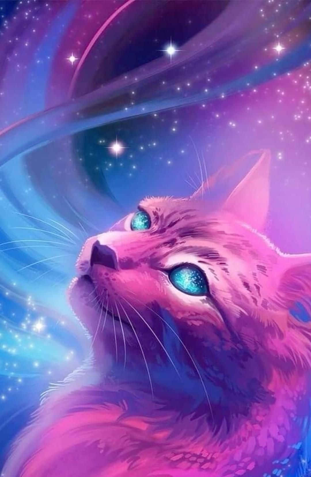 Cute Cat 桌布 壁紙 — 一隻粉紅色的貓，有發光的藍色眼睛，透過旋轉的宇宙星雲和閃爍的星星向上看。
