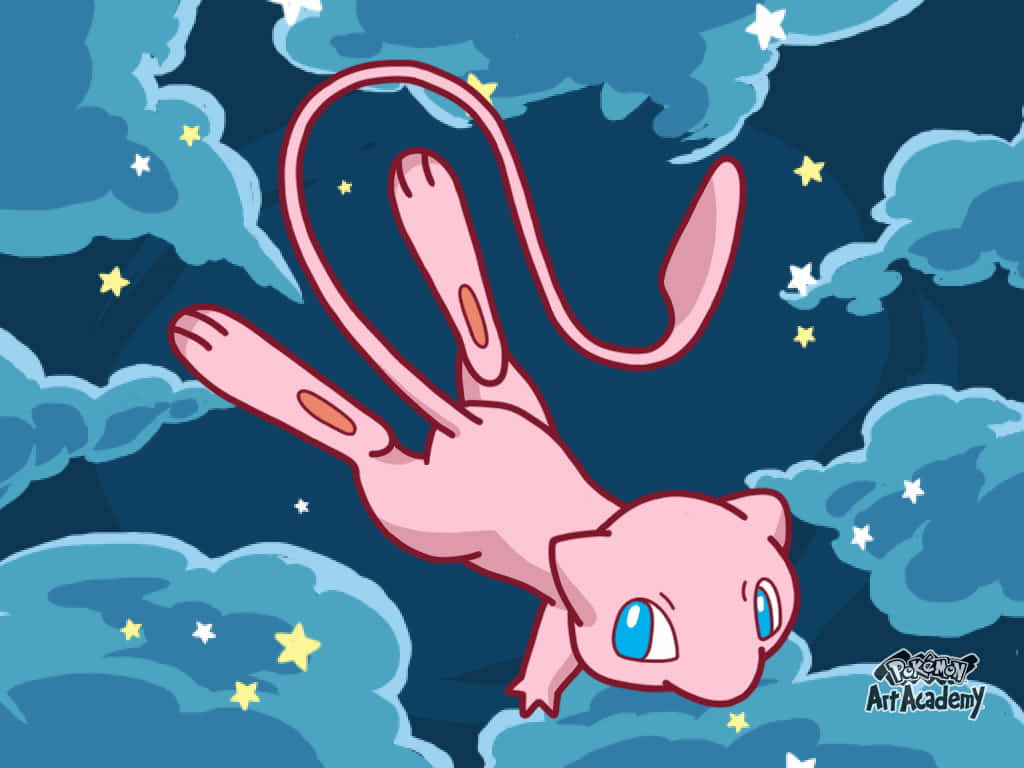 Pokemon Mew 桌布 壁紙 — 一隻粉紅色的超夢夢優雅地漂浮在繁星點點的夜空中，周圍環繞著旋轉的藍色雲朵。
