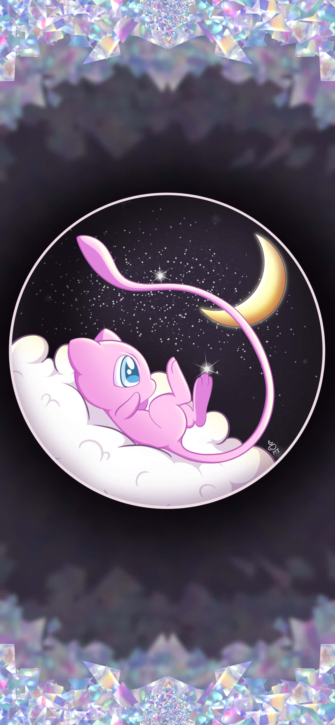 Pokemon Mew 桌布 壁紙 — 一隻粉紅色的超夢夢躺在一朵雲上，下方是新月和星星，圓形框架周圍閃爍著水晶。