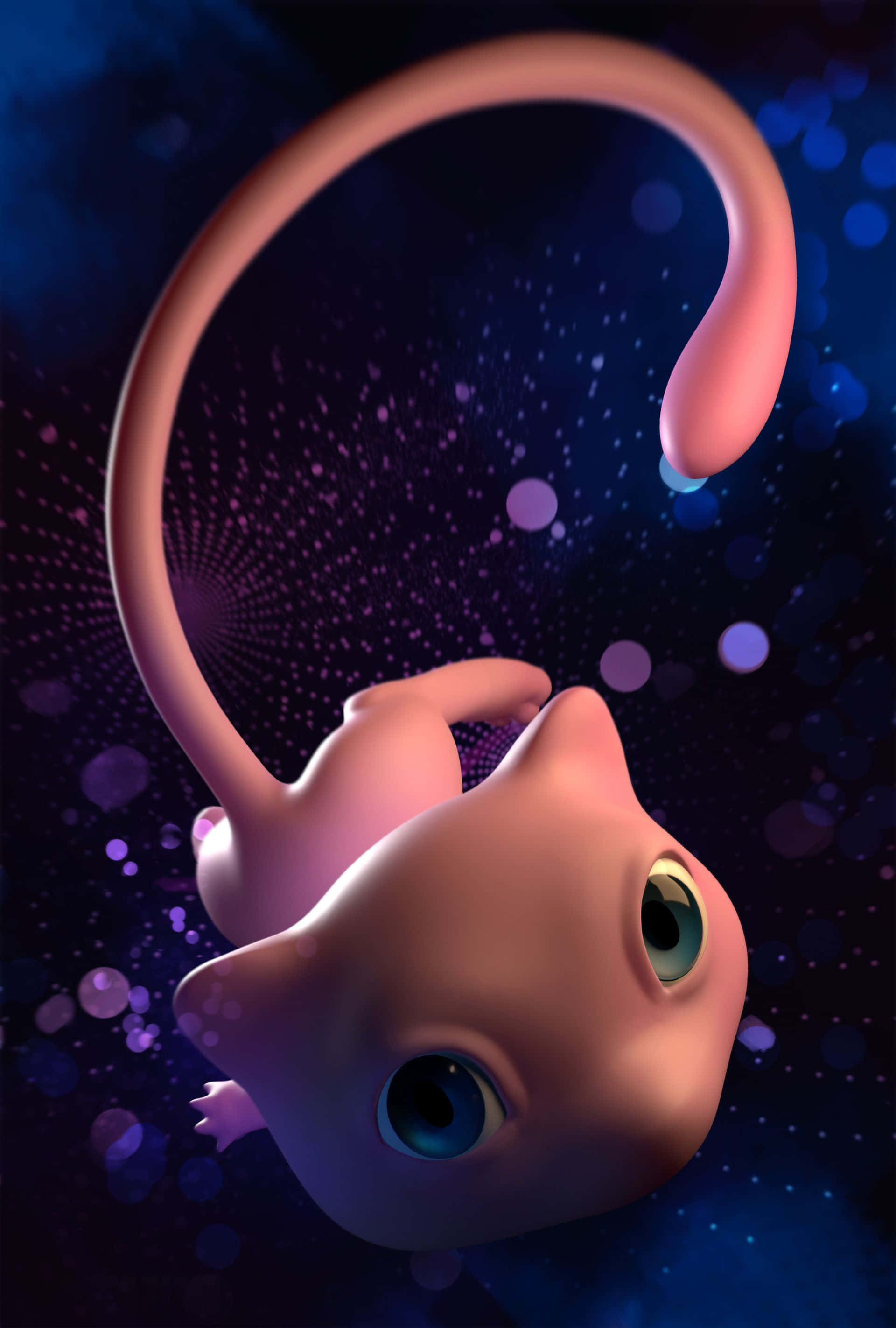 Pokemon Mew 桌布 壁紙 — 一隻粉紅色的超夢漂浮在宇宙虛空中，擁有發光的藍色眼睛和彎曲的尾巴，背景是星光閃爍的紫色。