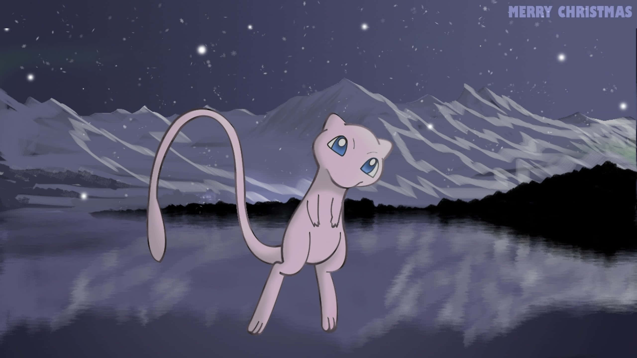Pokemon Mew 桌布 壁紙 — 一隻粉紅色的超夢站在繁星點點的湖邊，湖面映照著白雪覆蓋的山峰，背景是深紫色的夜空。