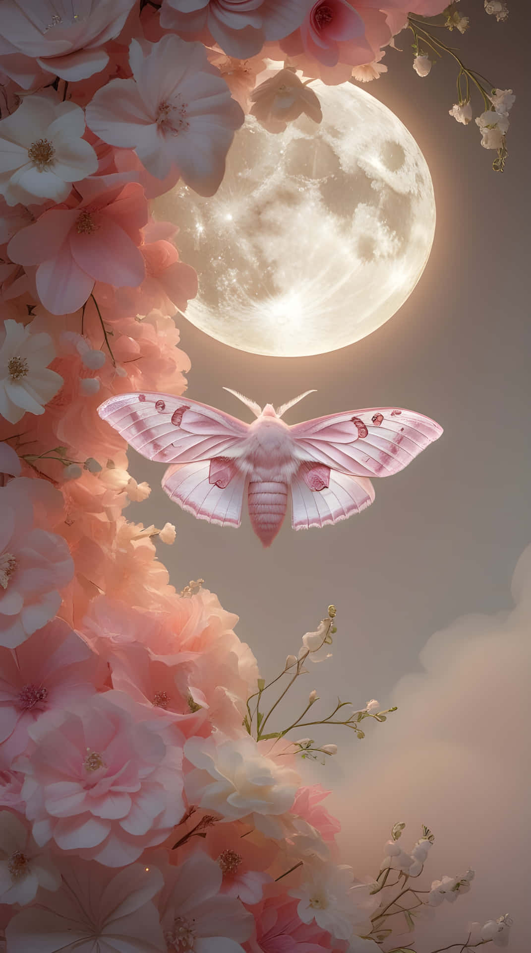 A beautiful butterfly flying to pink colour flowers 壁紙 — 一隻粉紅色的飛蛾在發光的滿月前飛翔，周圍環繞著傾瀉而下的粉紅色和白色花朵。