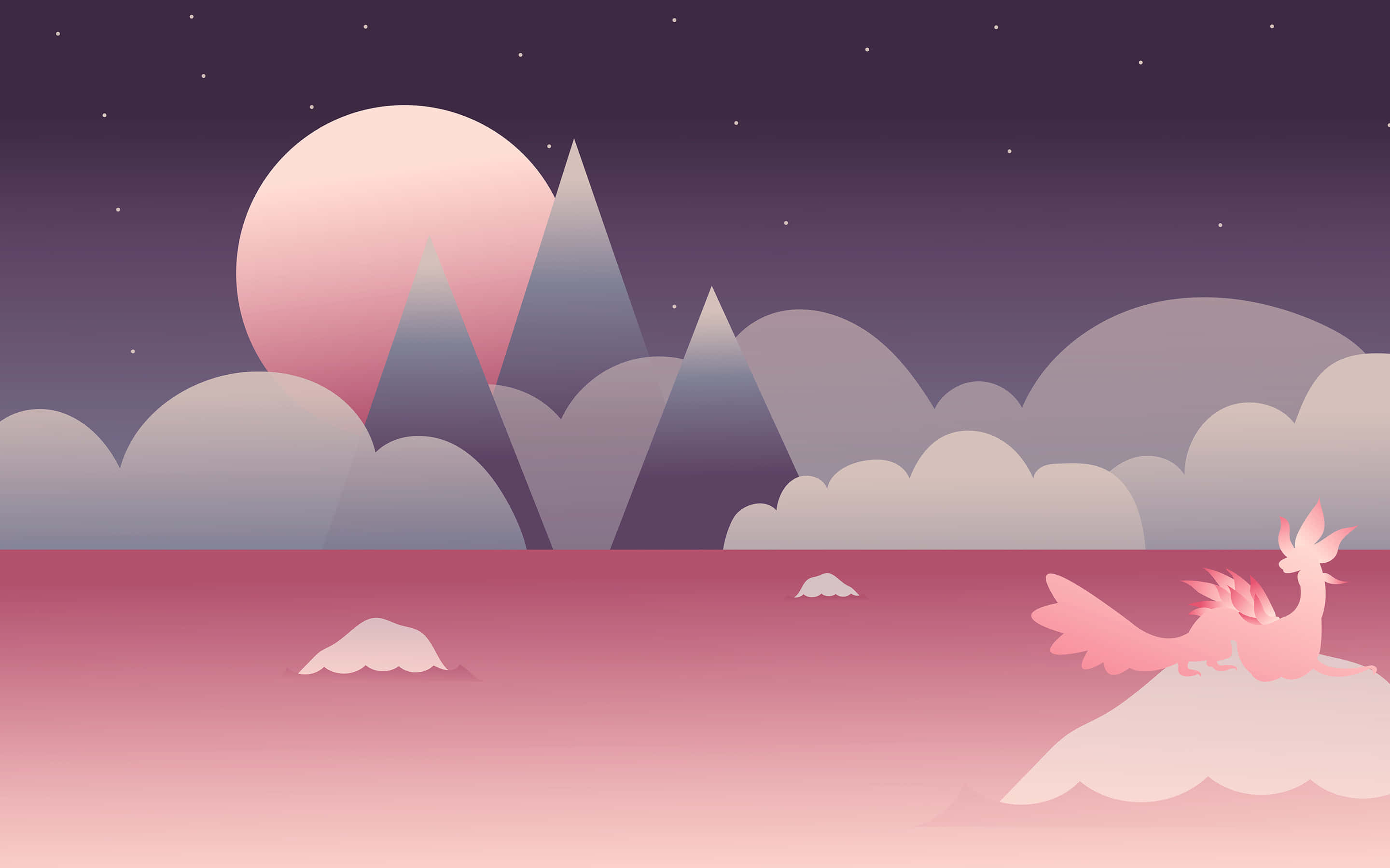 Minimalist Pink 桌布 壁紙 — 一隻粉紅色的龍棲息在雲朵上，在發光的月亮下，位於風格化的山脈和雲朵之上，夢幻的暮色天空。